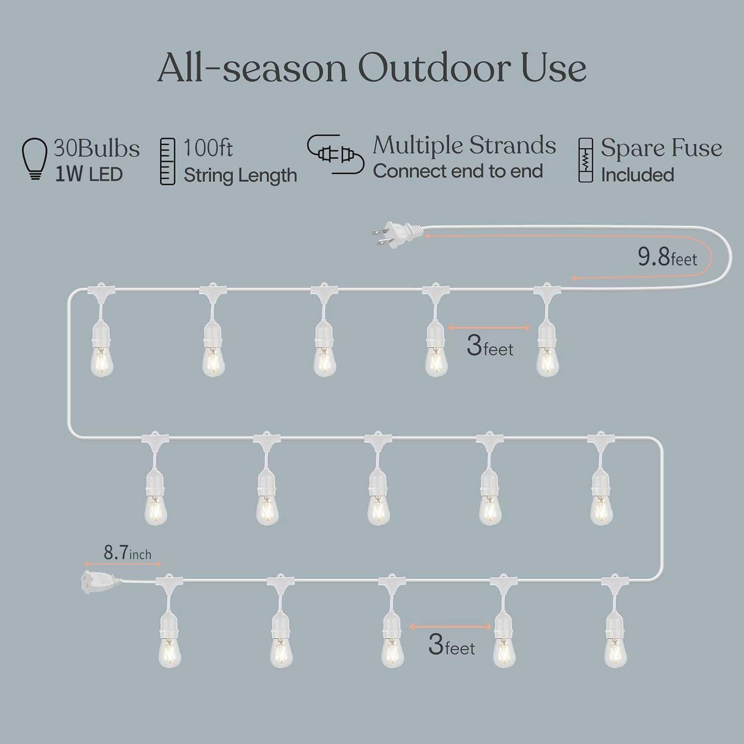 Meidaoduo Outdoor String Lights LED 100FT White 32 Dimmable Shatterproof Bulbs PVC Waterproof Patio Lighting MDDUS10030-TS20W0-S14