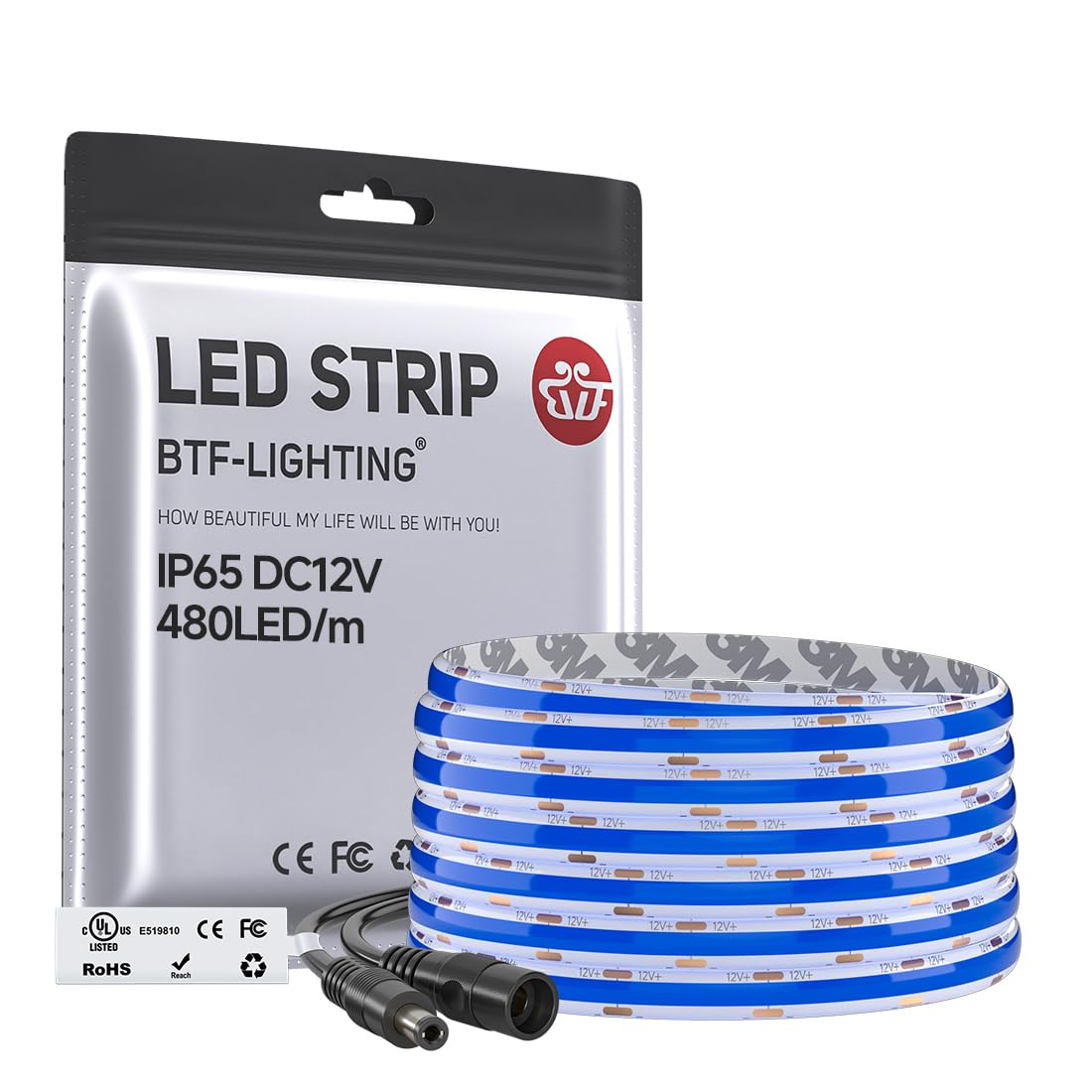 Btf-Lighting Fcob Ip65 Blue Color Cob Led Strip 16.4Ft Dc12V 480Led/M 8Mm Width Flexible High Density Cri 90+ Dimmable Led Light For Home Indoor Decor(No Controller Or Adapter)