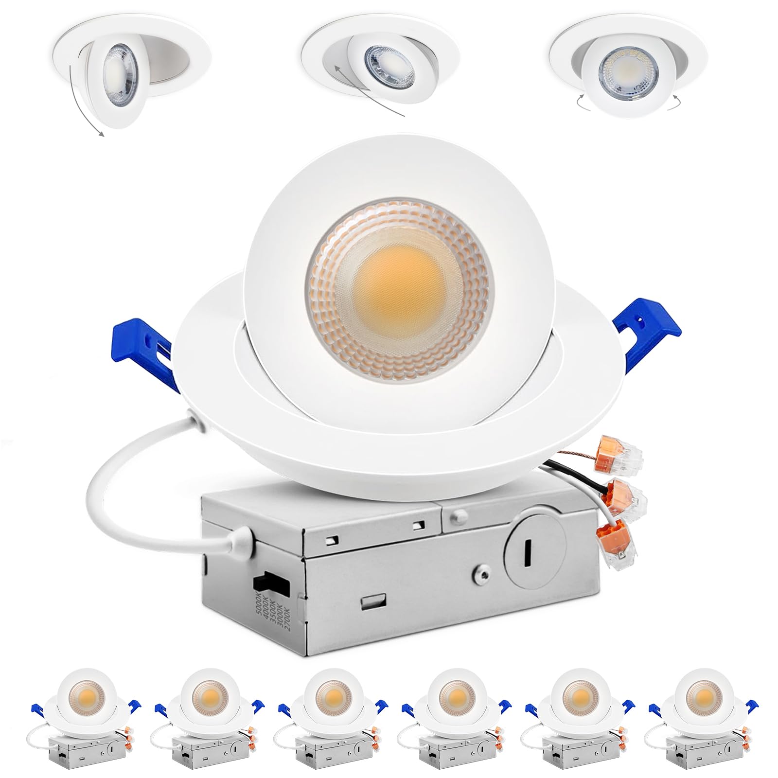 Adetu 4 inch 5CCT Gimbal Led Recessed Lights, 360+90 Adjustable Directional Recessed Lighting, 2700K/3000K/3500K/4000K/5000K Dim