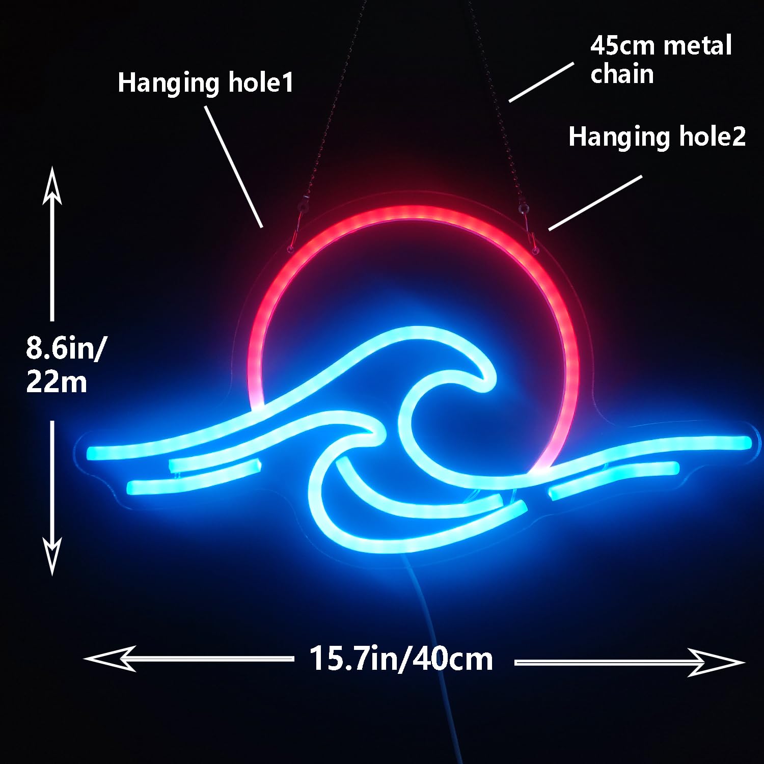 GMMLLG Neon Sign - Dimmable Wave Design, Tropical Decor, Ice Blue & Red, Acrylic Material, for Bedroom, Living Room, Office, and Parties