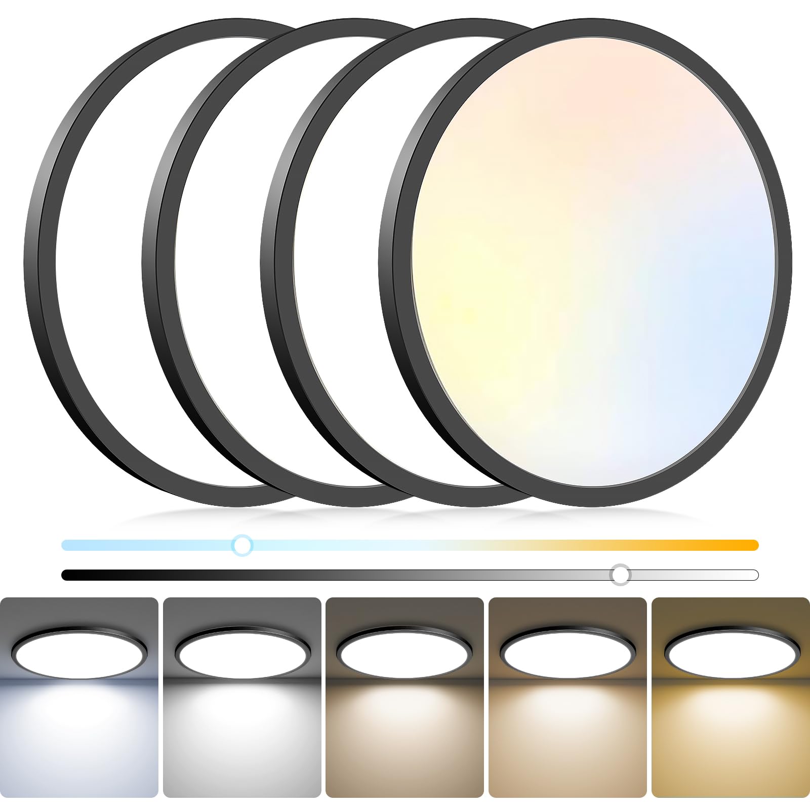 4Pack LED Flush Mount Ceiling Light Fixture, 12Inch 24W, Dimmable&3000K/3500K/4000K/5000K/6500K Adjustable Low Profile Ceiling L