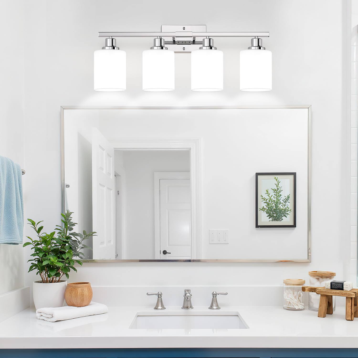 4-Light Vanity Light With Milky White Shades  Chrome Bathroom Lighting Fixtures Over Mirror  Modern Bathroom Wall Lamp For Mirror Living Room Cabinet Bedroom