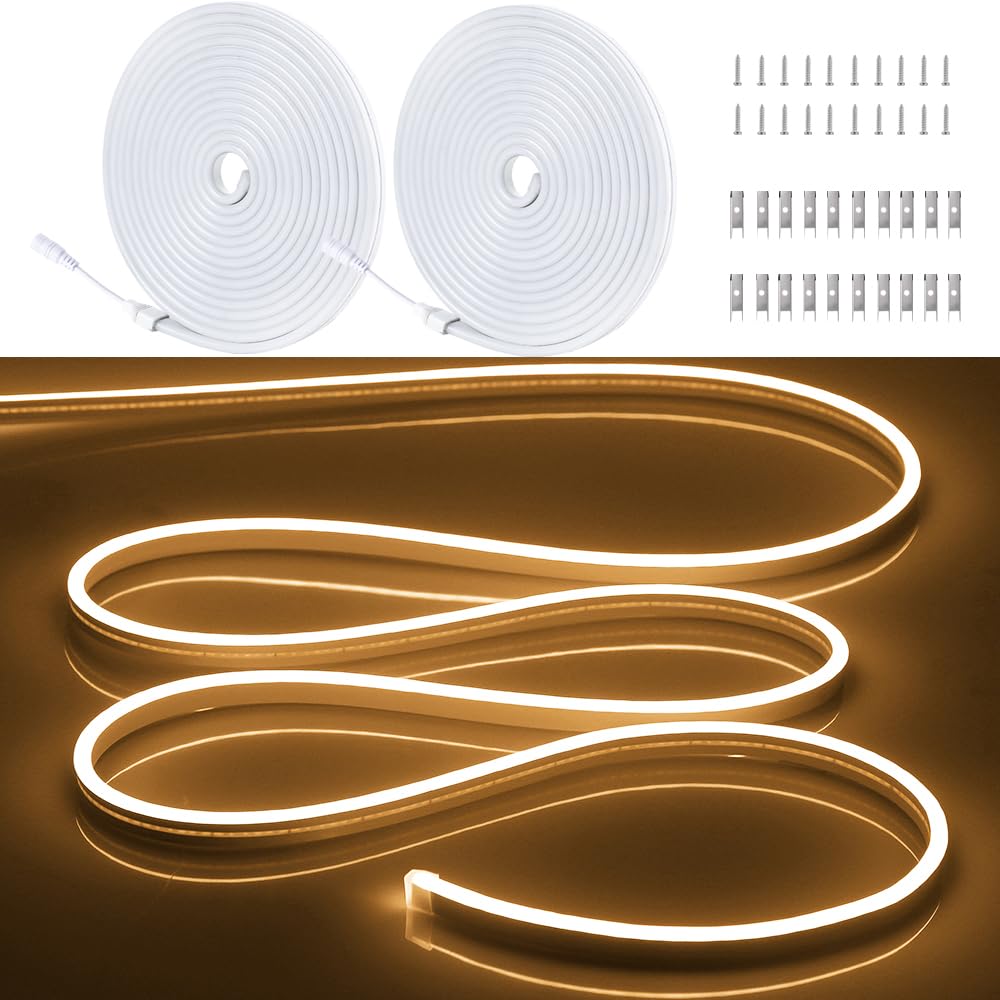 OWOFYDR 2PCS/32.8FT/10M/Warm White LED Strip Lights - Flexible and Waterproof Neon Rope Light with Installation Accessories for 