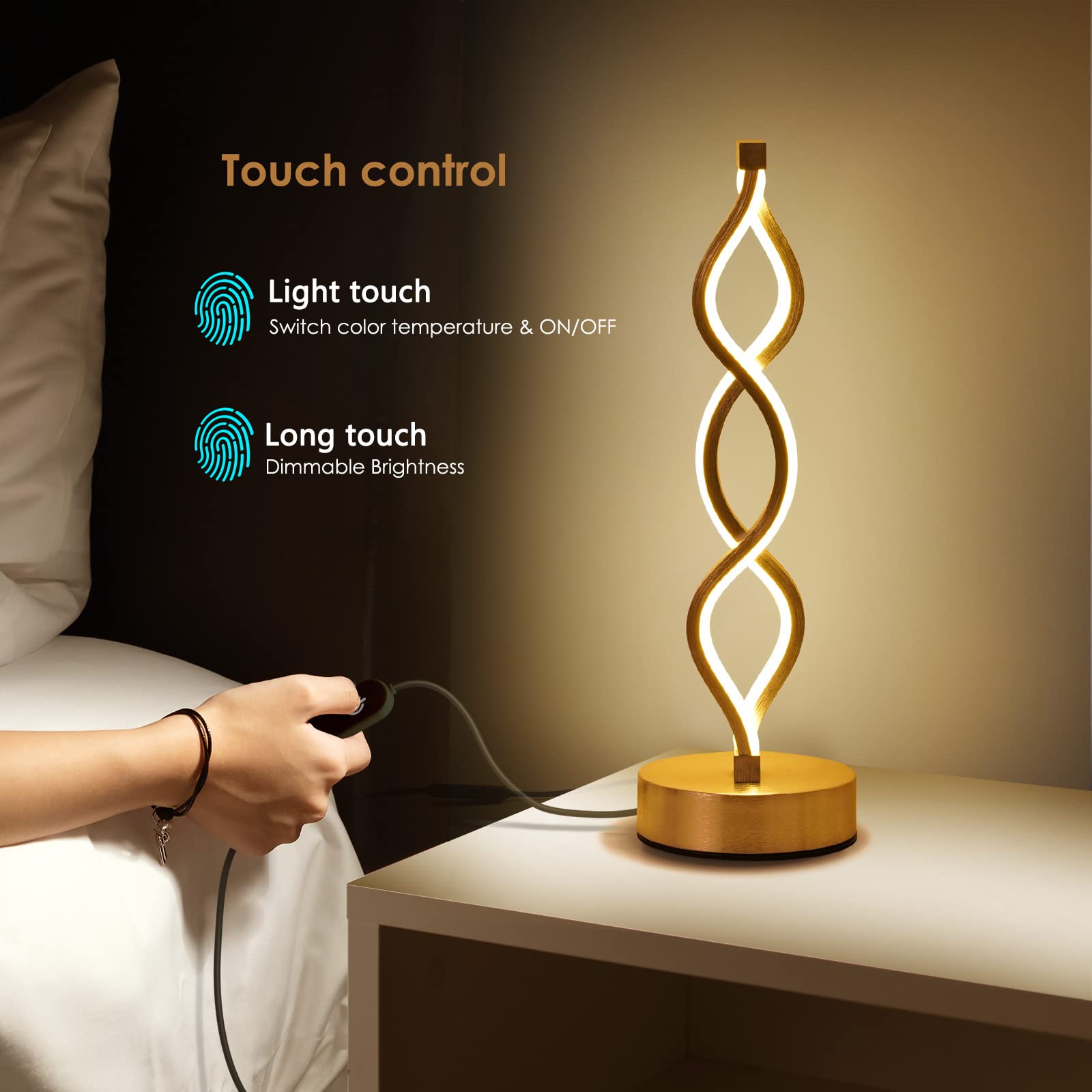 Nur Gold Infinity Spiral Led Table Lamp, Lamps For Bedrooms Dimmable Metallic Bedside Lamp With Touch Controller, 3 Colour Tempe