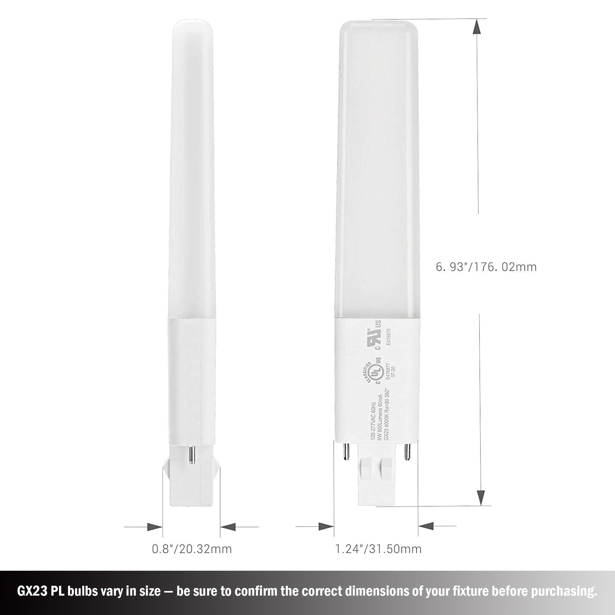 Legental GX23 LED Bulbs, 6W (13W CFL Equivalent), 2-Pin PL, Warm White 3000K, 2 Pack, UL Listed, Plastic