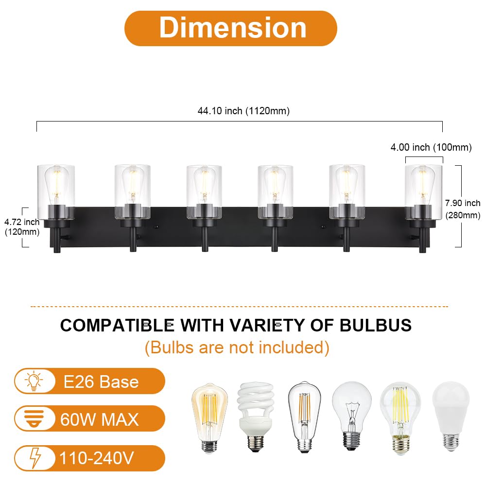 VINLUZ 6-Light Bathroom Vanity Light Fixture, Black Glass Shade, Modern Industrial Wall Sconce, Model 1810-6W-11