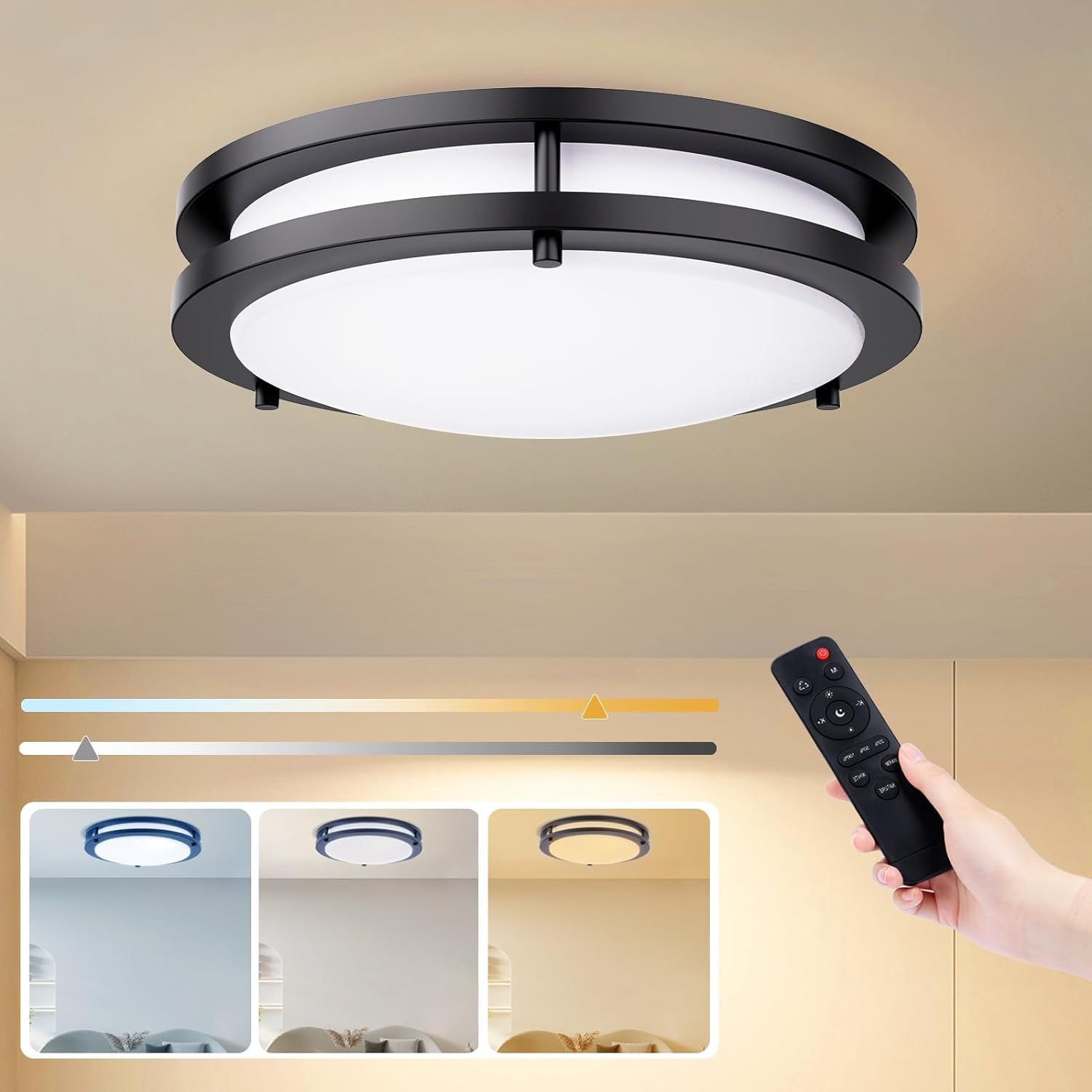 Kalium LED Ceiling Light Fixture, 13 Inch, Dimmable, Adjustable Color Temperature, Matte Black, Aluminum, Model Kalium