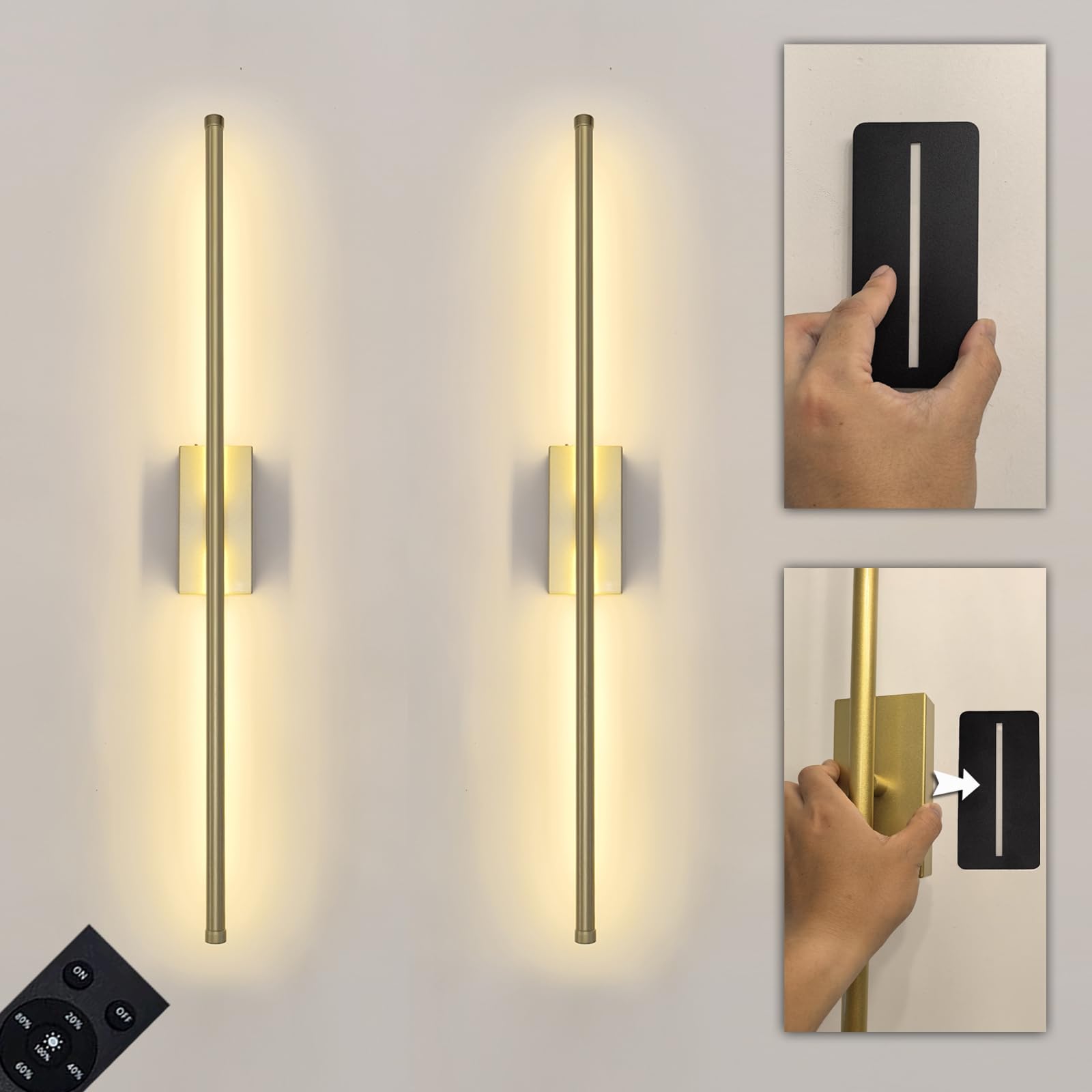 Set of 2 Battery Powered Linear Tube Rechargeable Gold Wall Sconce, Modern Decor Peel and Stick on Cordless Wall Sconces Picture