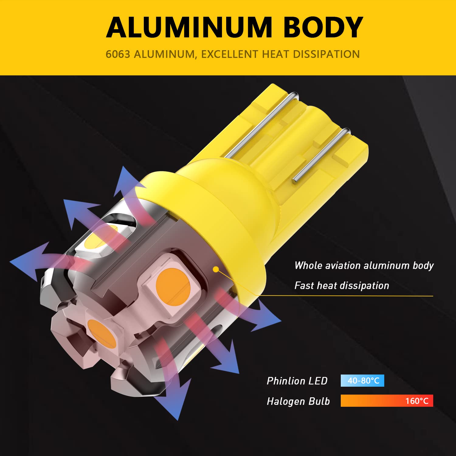 PHINLION LED Light Bulb T10 W5W Amber Yellow 3030 Chipsets Model Phinlion-T10-3030-6SMD-Y for Car Interior Lighting
