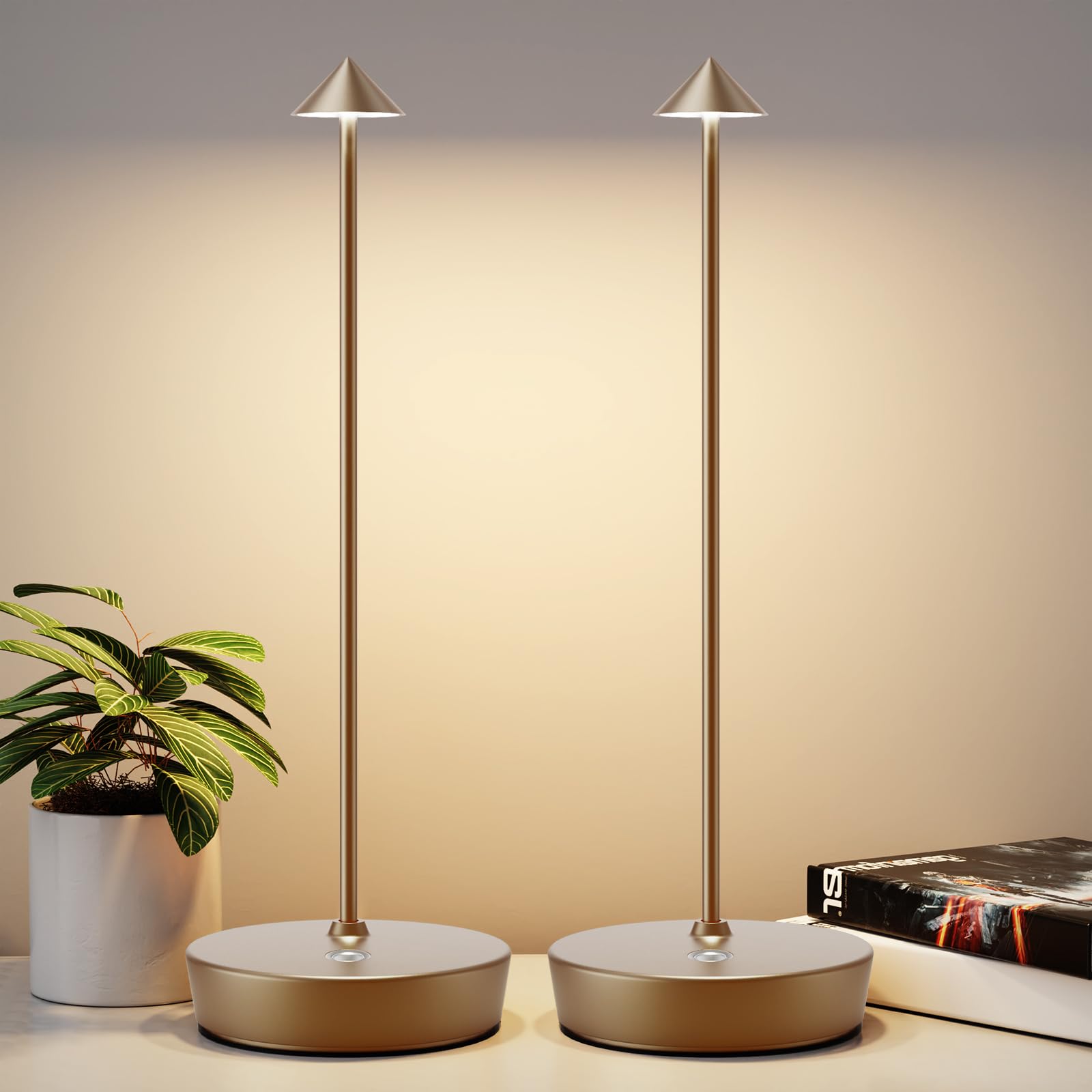 YIBEN Rechargeable Cordless Table Lamp, 6000mAh Battery, 3 Brightness Levels, Portable LED, 2-Pack, Titanium Finish