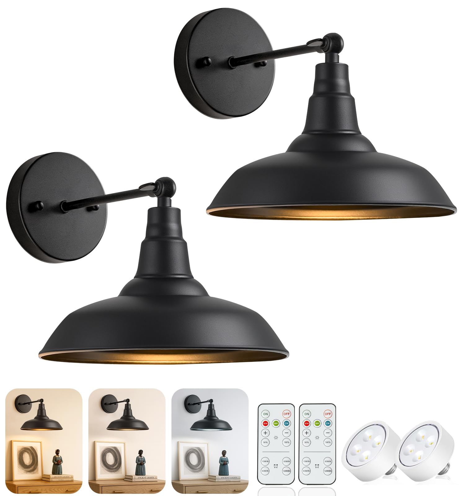 Lzwelcy Wall Sconces Set of 2, Battery Operated, Remote Control, Metal, Black, Model 9008, Indoor Lighting for Bedroom and Hallway