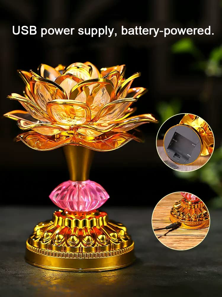 Omeet Colorful LED Lotus Lamp - 13 Buddhist Songs, Golden ABS, Eco-Friendly, Model OMNL078F, Perfect for Worship and Display