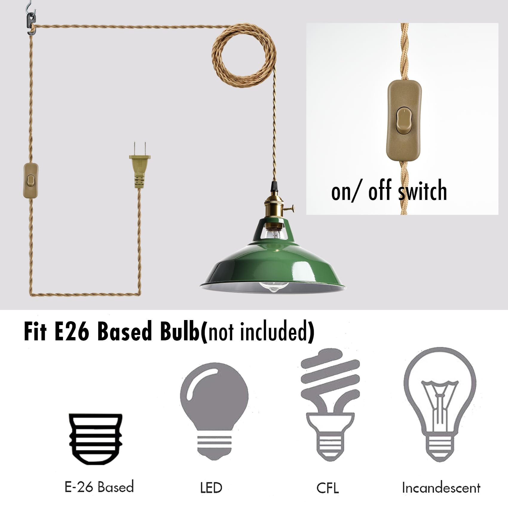 Yubole Modern Green Plug-In Pendant Light Macarons Kitchen Hanging Swag Lighting  Metal Barn Shade With On-Off Switch Plug Cord Light For Bedroom Foyer Dining Bar