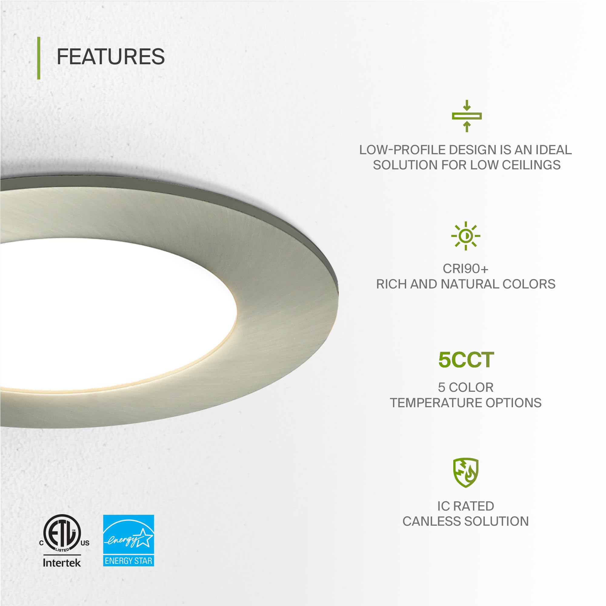 Asd 6 Pack Led Recessed Lighting 4 Inch 9W  5 Cct 2700K-5000K Cri90+  Ic Rated Ultra Thin Dimmable Ceiling Lights With J Box  Canless Wafer Downlight  Round Slim Panel Light  Energy Star Etl  Nickel