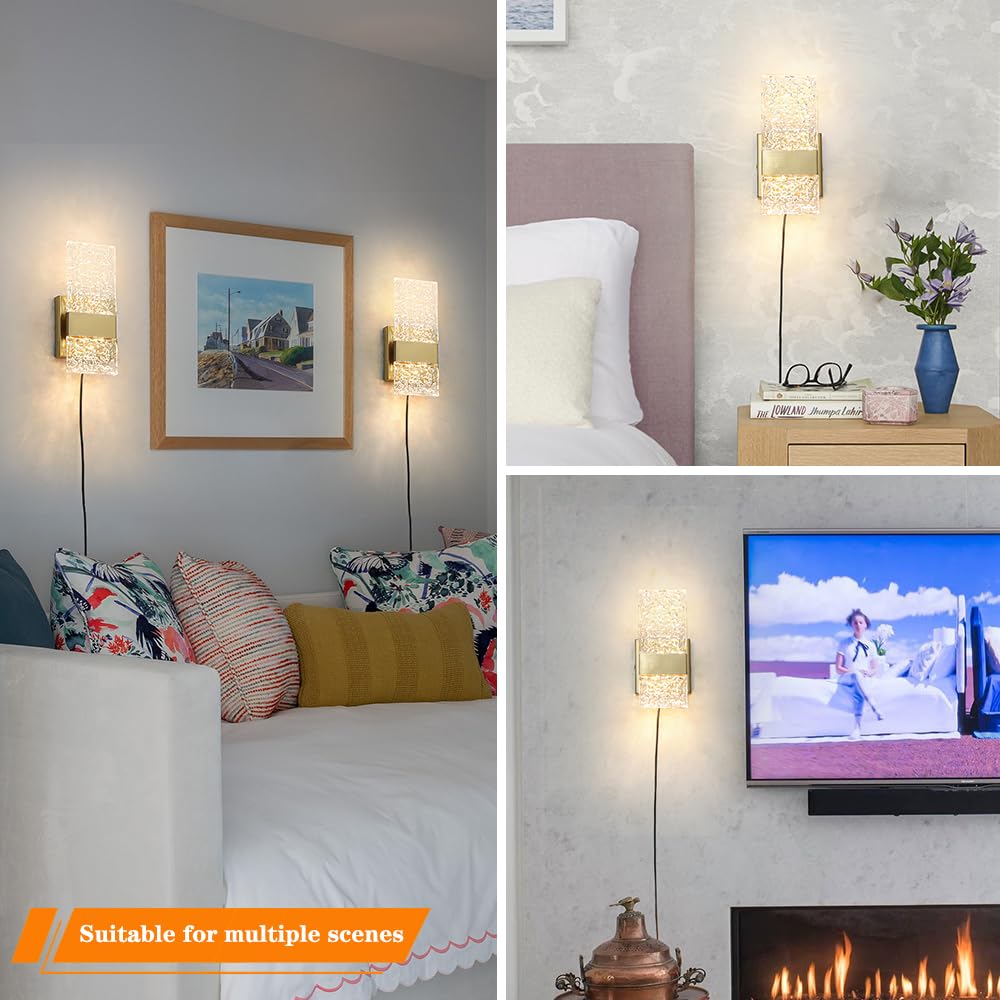 Ditoon Plug-in Wall Sconce Set of 2, Gold Brass, Dimmable 6W Light, Remote Control, 3000K-5000K, H9.25in