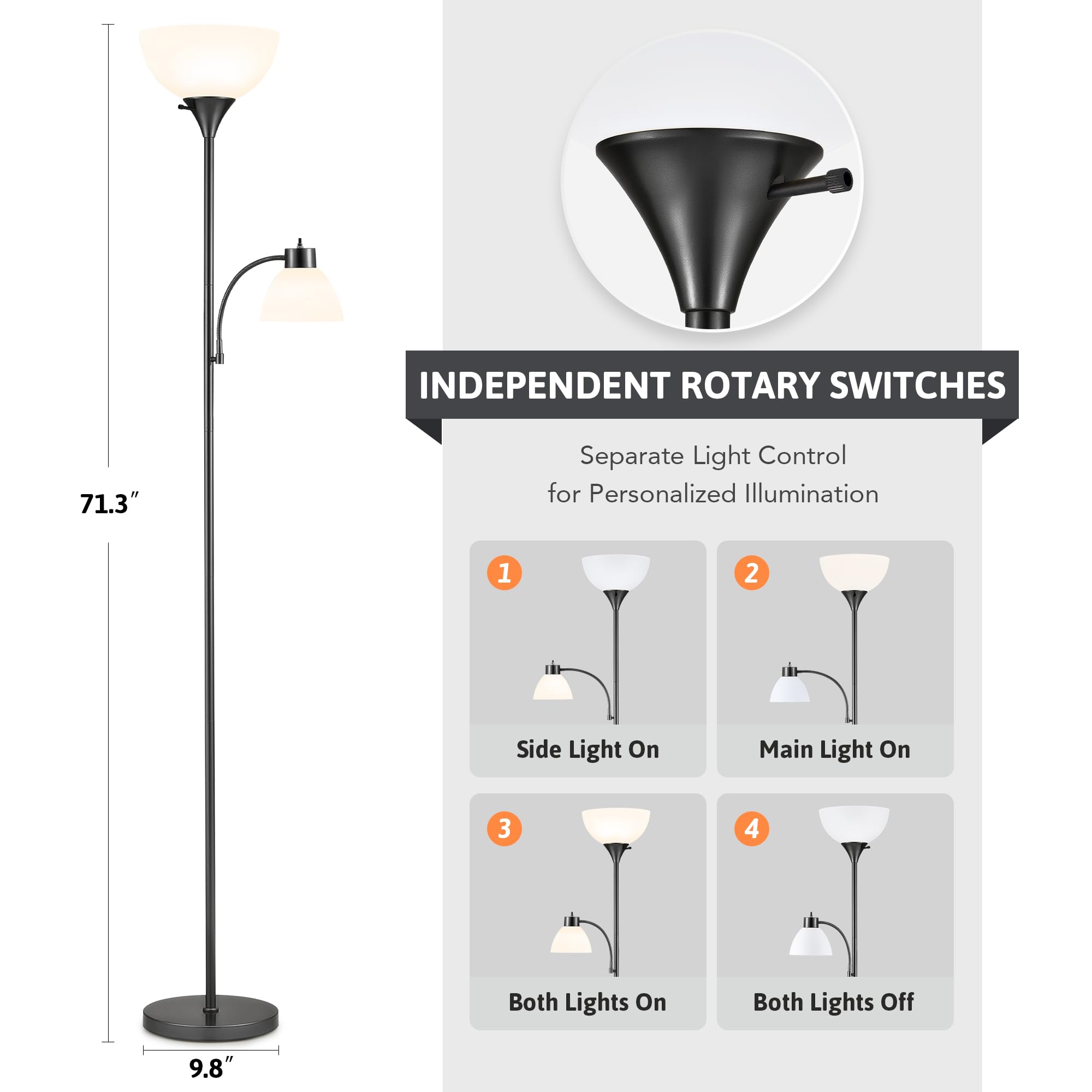 VONLUCE Torchiere Floor Lamp, 71in Adjustable Reading Lights, 2 Bulbs, Black, Model PTL-58DR