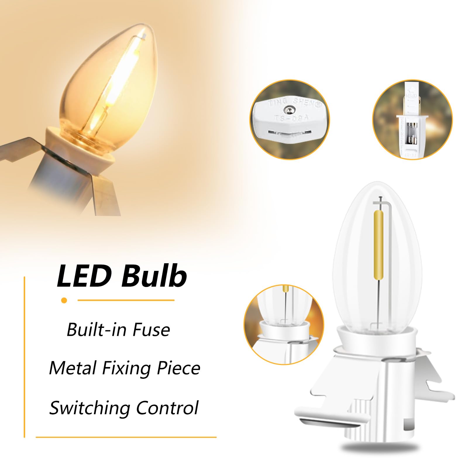 UAUSE Christmas Village LED Light Bulb C7 Cord Clip Lights, 177in White Plastic, Model UAU-12T, 12 Bulbs for Holiday Decoration