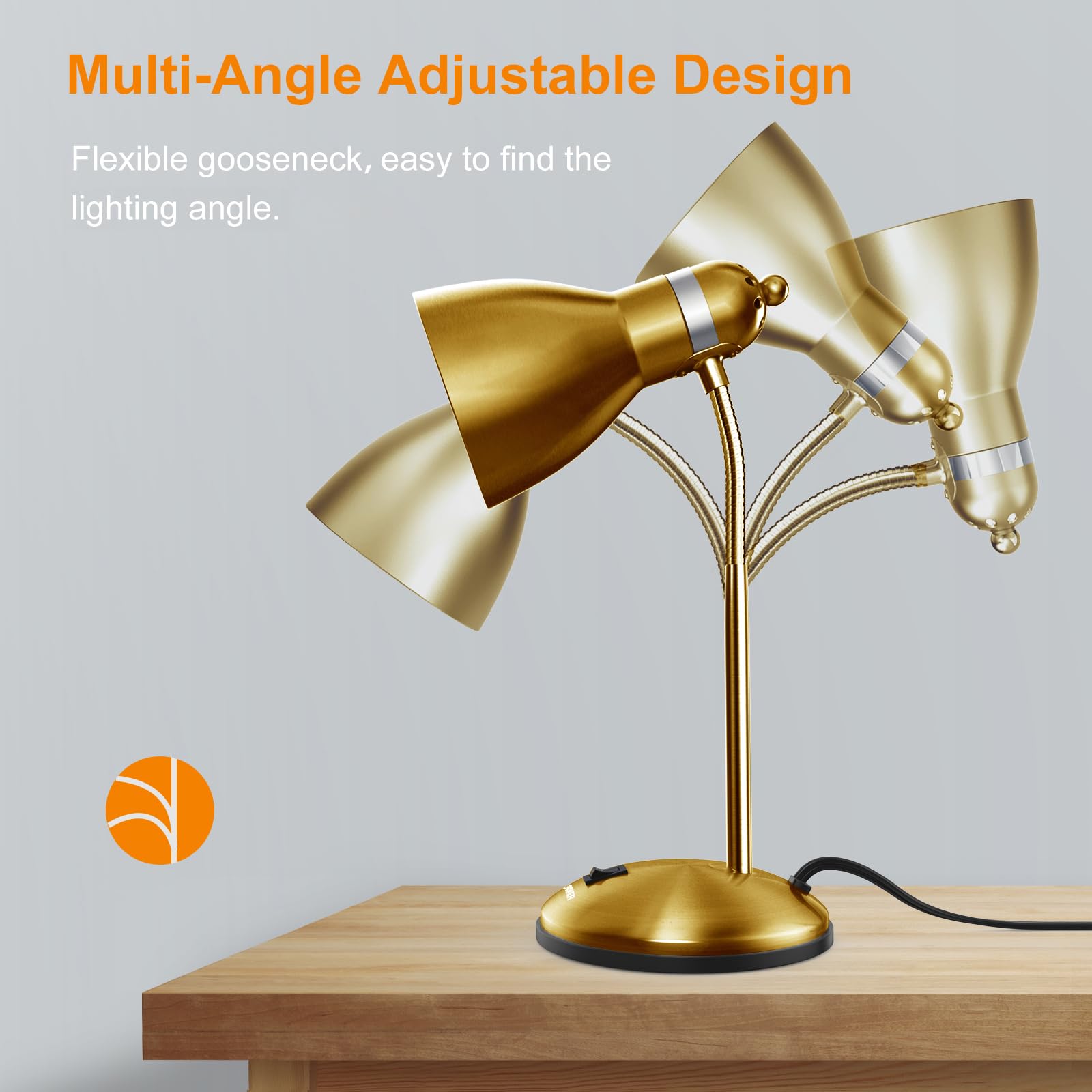 LEPOWER Metal Desk Lamp, Adjustable Goose Neck, Eye-Caring, Gold, Model UT2032 for Bedroom, Study Room, and Office