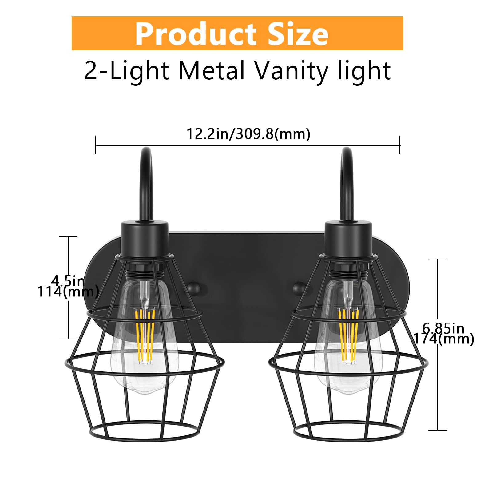 Elibbren 2-Light Bathroom Vanity Light Fixtures, Black Metal Cage Wall Sconces, Model KX-UR1O-6NXR_2L