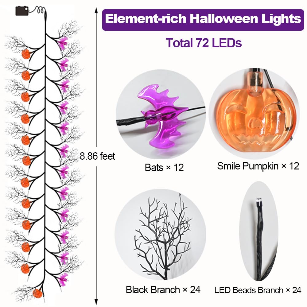 PALONMY Halloween Decor Lights 8.86FT 72 LED Willow Vine Twig with Timer Battery Operated Garland Lights with Orange Pumpkins Pu