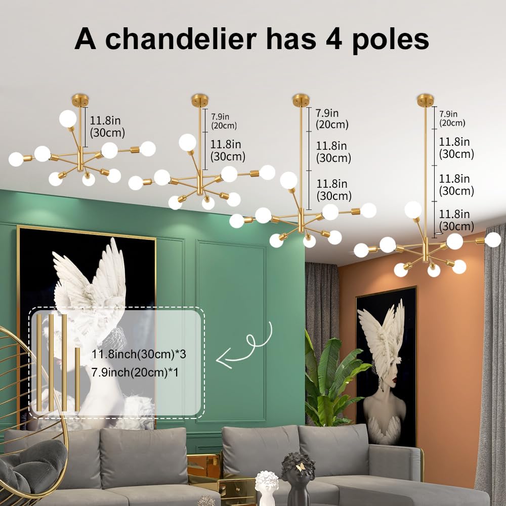 Deyidn Sputnik Chandelier Modern Gold Chandelier Mid Century Ceiling Lighting Fixtures 8 Lights E26 For Living Room, Kitchen Isl