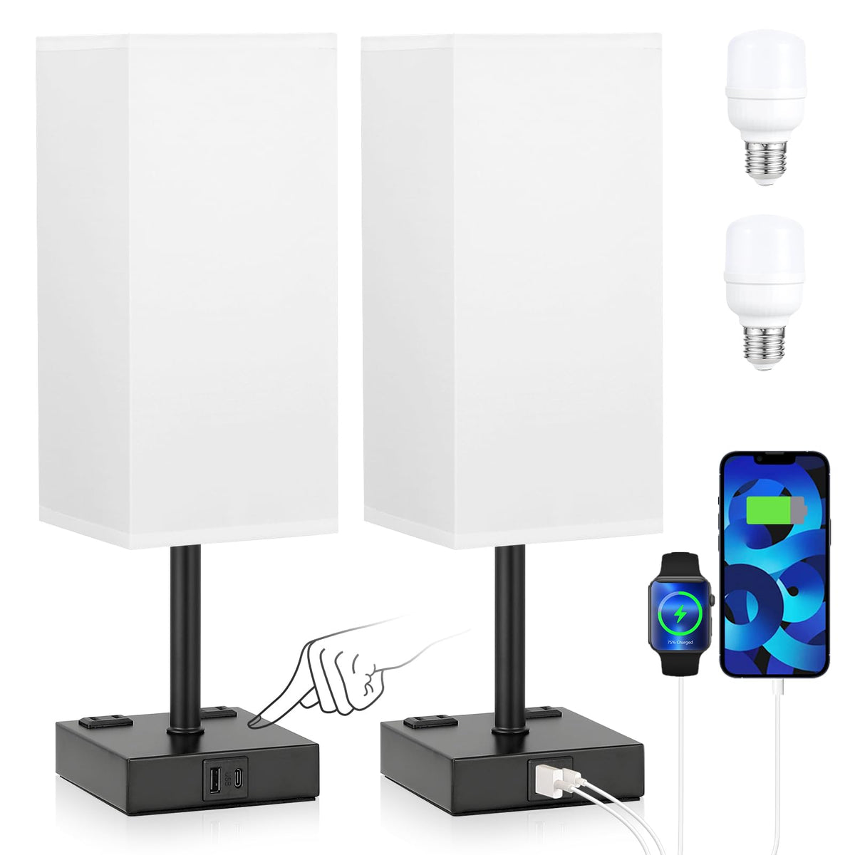 aooshine Black Base White Shade Set of 2 Touch Lamp with USB Port-Nightstand Lamp with USB-C+A Charge Ports& AC Outlets, 3-Way D