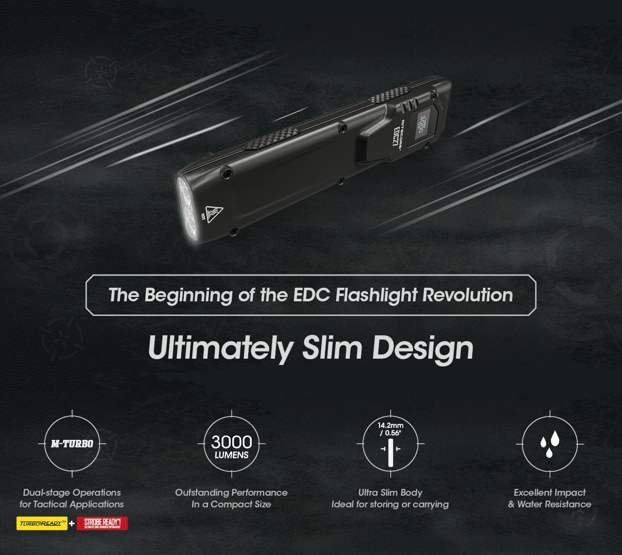 NiteCore EDC27 Rechargeable Flashlight - 3000 Lumens, Aluminum, USB-C Charging