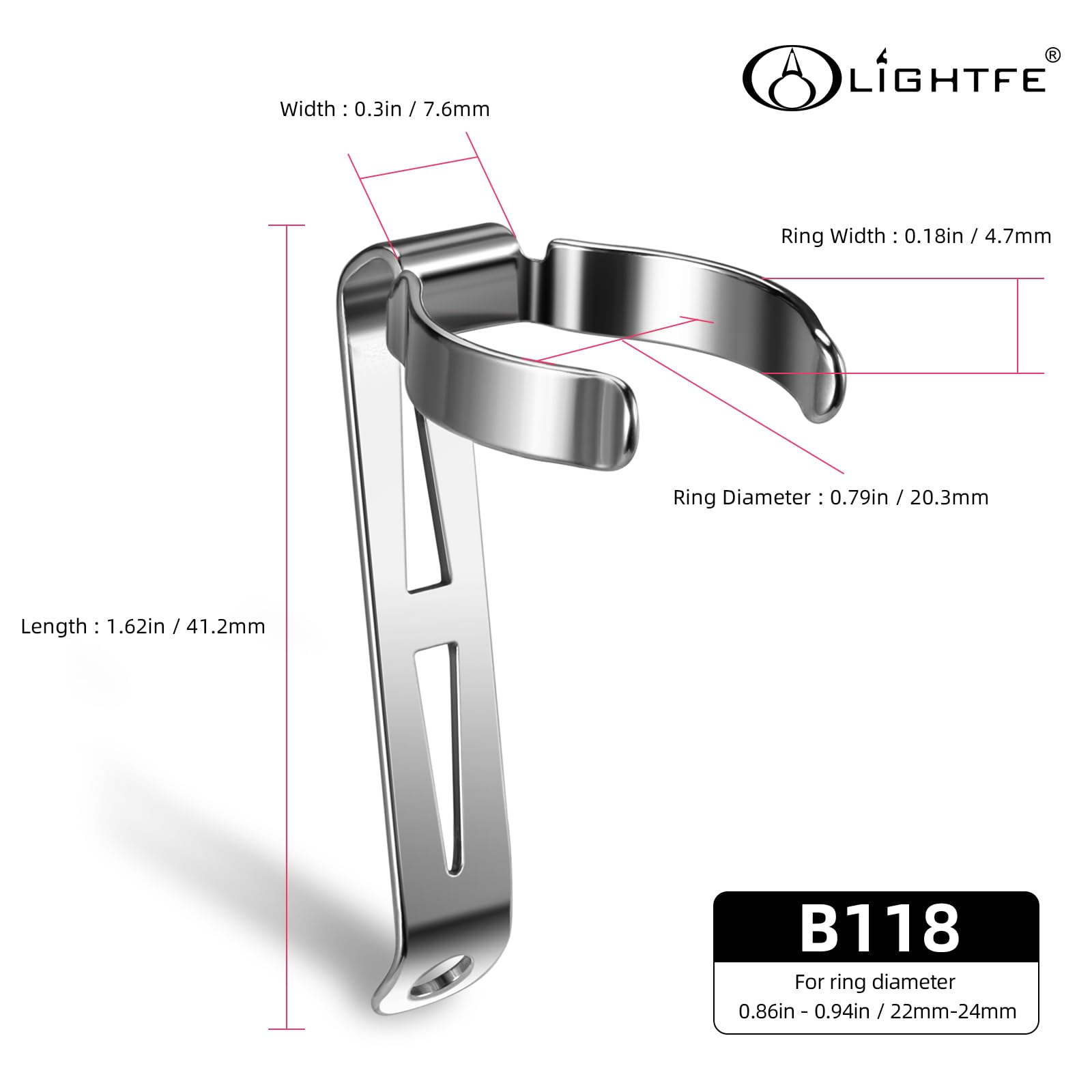 Lightfe B118 Flashlight Clip For 22-24Mm Diameter, 4.7-5.1Mm Slot Width - Stainless Steel Pen, Hat, Pocket, Or Bag Clip