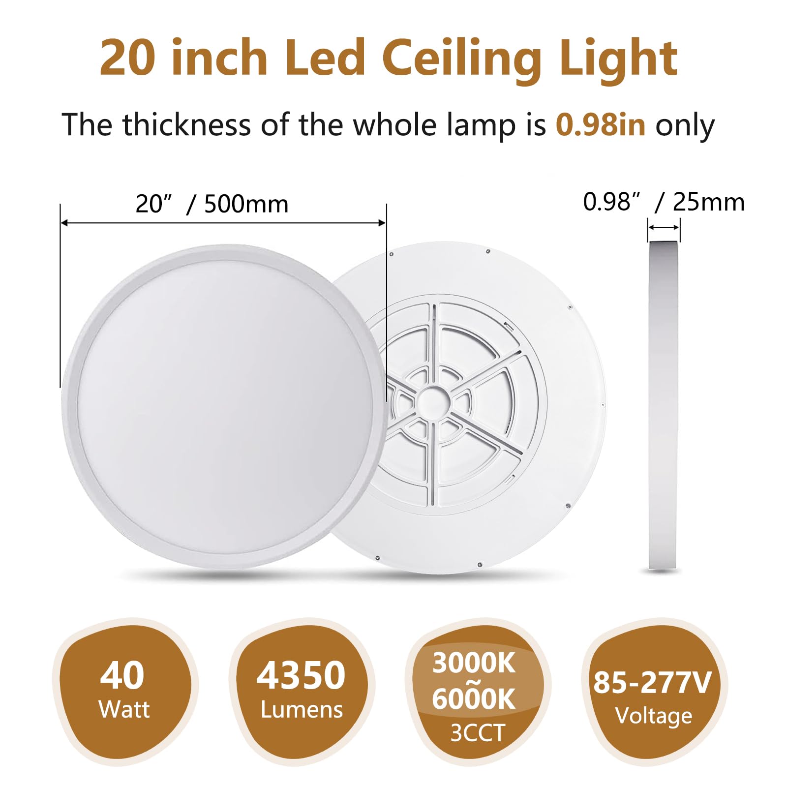 20 Inch Large Led Flush Mount Ceiling Light, 40W,4350Lm, 3000K/4000K/6000K Cct Selectable,0.98Inch Super Slim Led Ceiling Light,