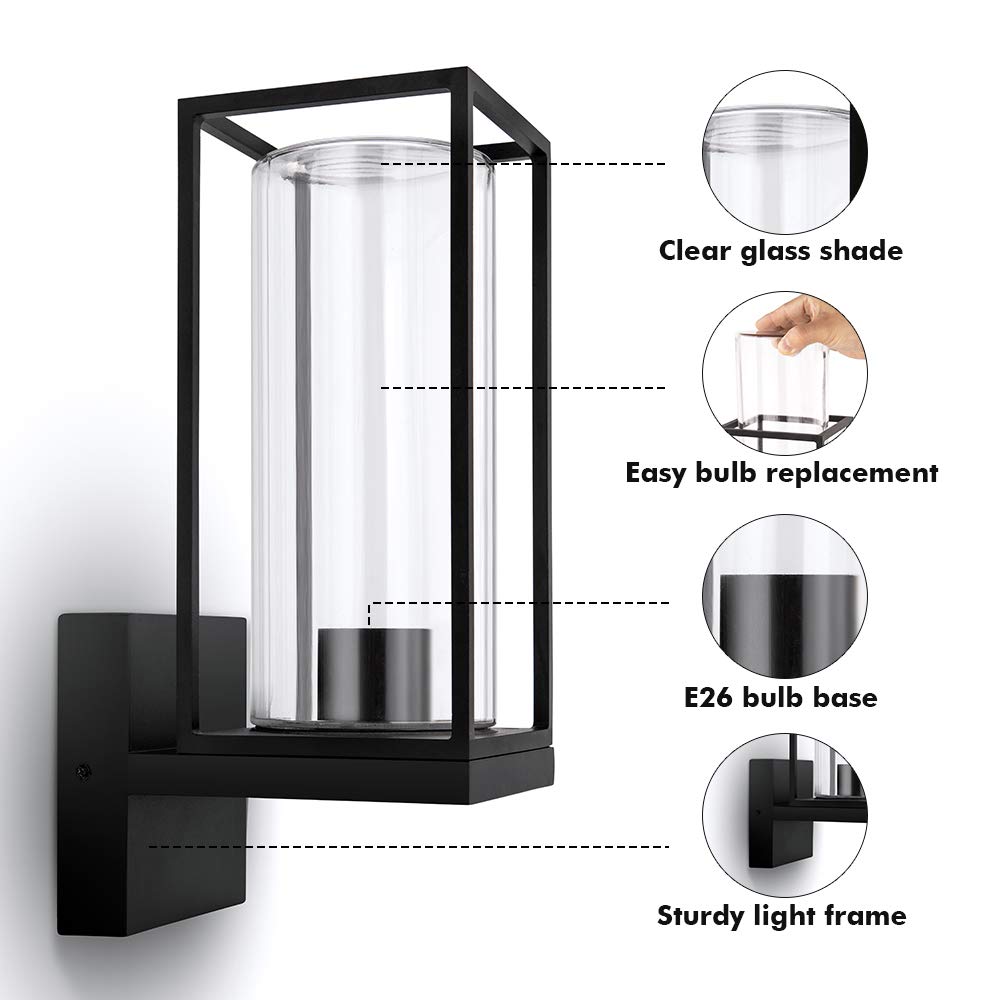 LUTEC Flair Outdoor LED Wall Sconce, Matte Black, Aluminum, Model 5288801012, Clear Glass Shade, Porch Light Fixture