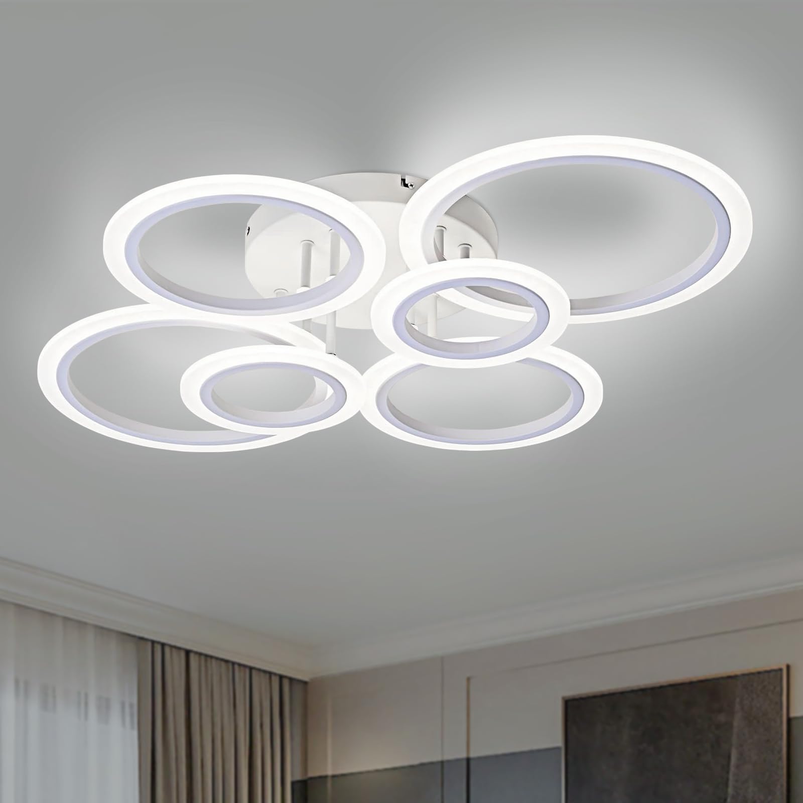 Vikaey Modern Led Flush Mount Ceiling Light, 6 Rings White Close To Ceiling Light, Lighting Fixture Ceiling Lamp For Kitchen, Living Room, Bedroom, Laundry Room, 4000K Not Dimmable