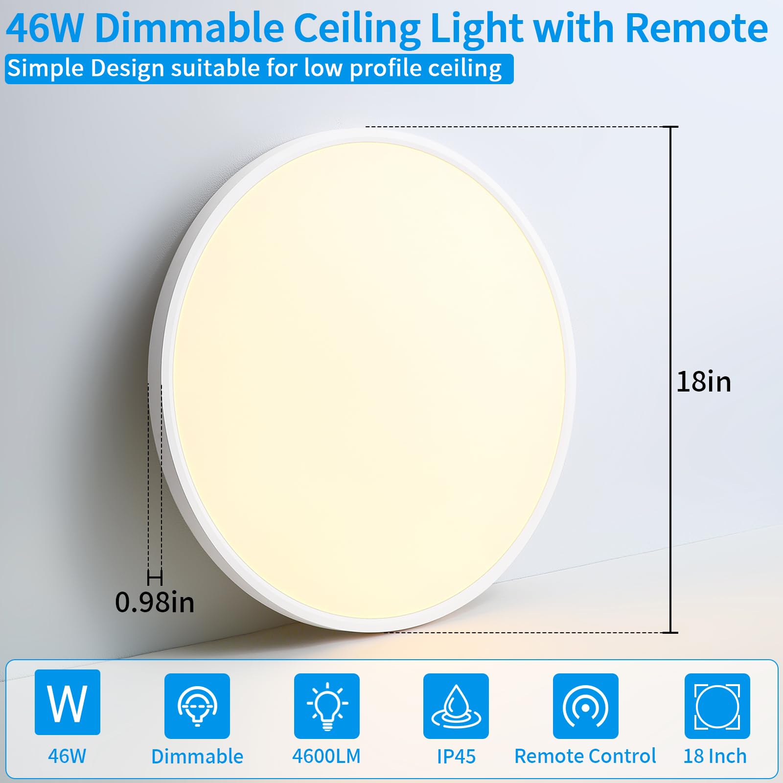 Hovenla 18 Inch Led Flush Mount Ceiling Light Fixture - 46W Dimmable Led Ceiling Light With Remote, 4600Lm, 3000-6000K Adjustabl
