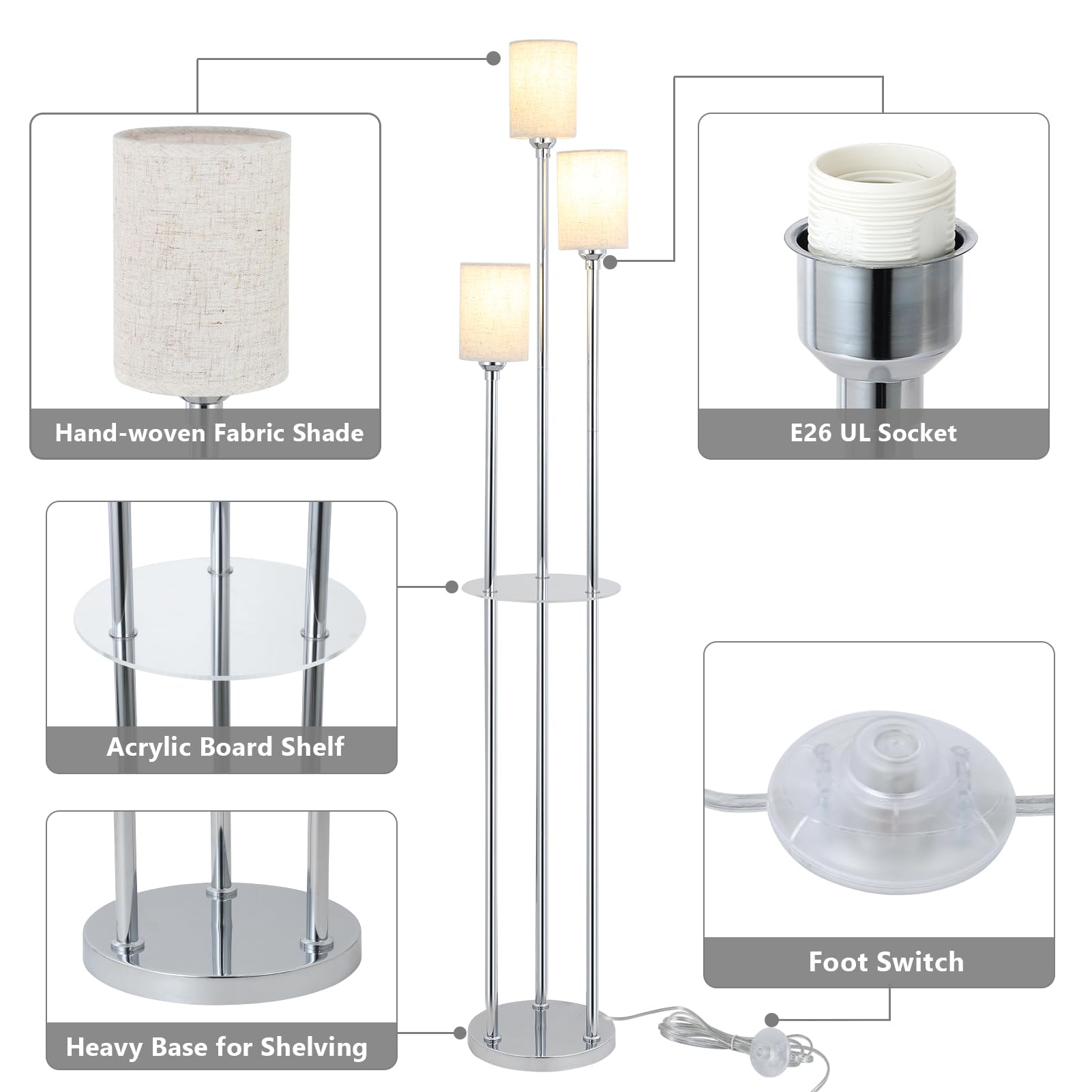Stepeak Floor Lamps For Living Room, 3-Lights Modern Floor Lamp With Shelves, Chrome Standing Lamp With Fabric Shade And Foot Sw