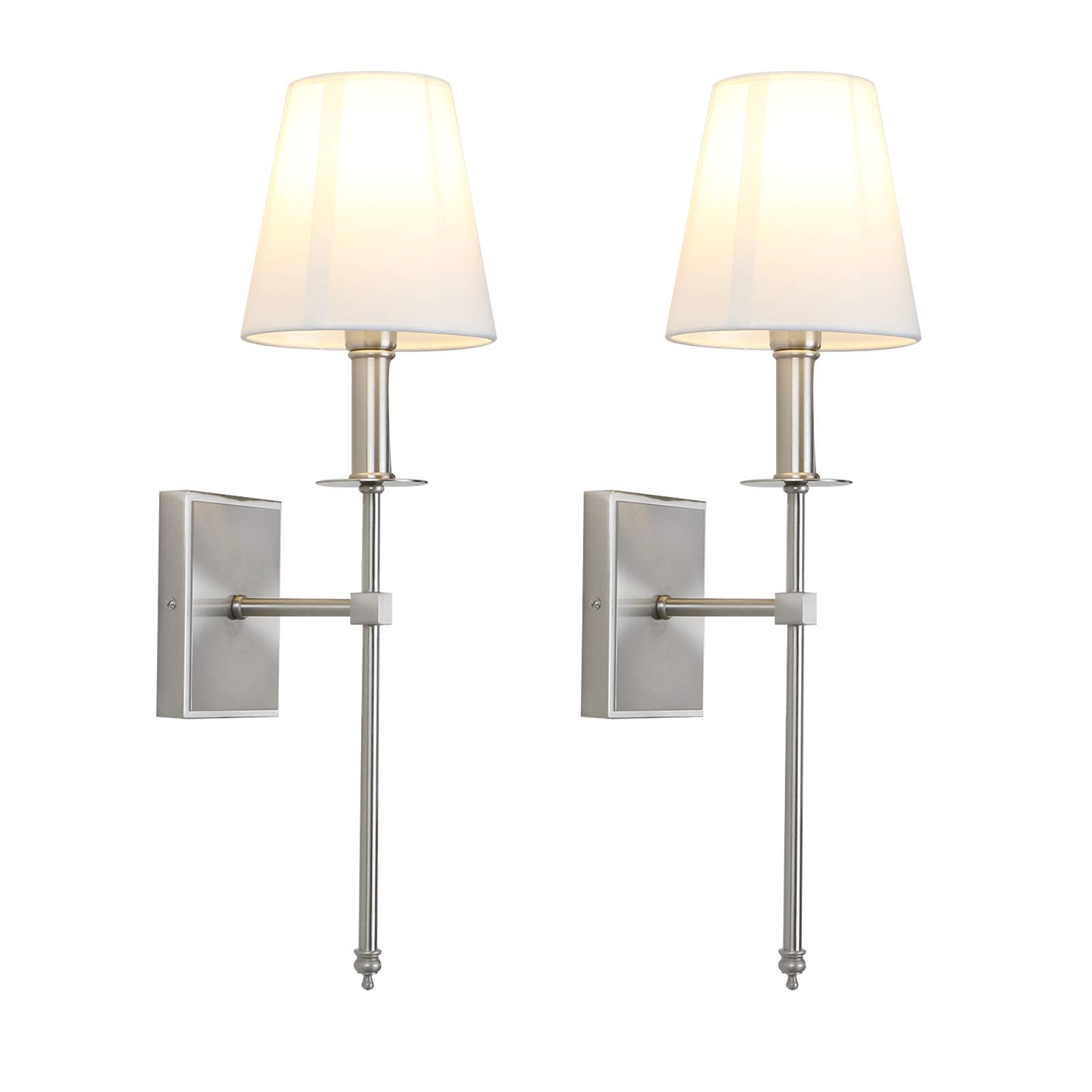Permo Set Of 2 Classic Rustic Industrial Wall Sconce Lighting Fixture With Flared White Textile Lamp Shade And Brushed Tapered C