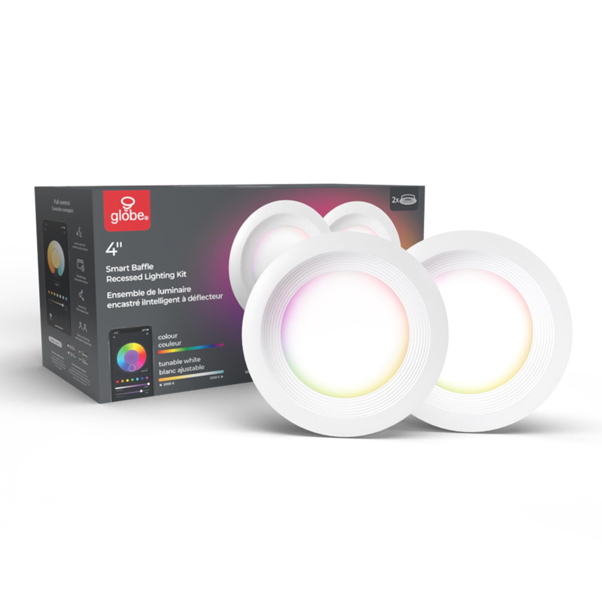 Globe Electric 50284 Wi-Fi Smart 4 Slim Baffle LED Recessed Lighting Kit 2-Pack, No Hub Required, Voice Activated, 9 Watts, Mult