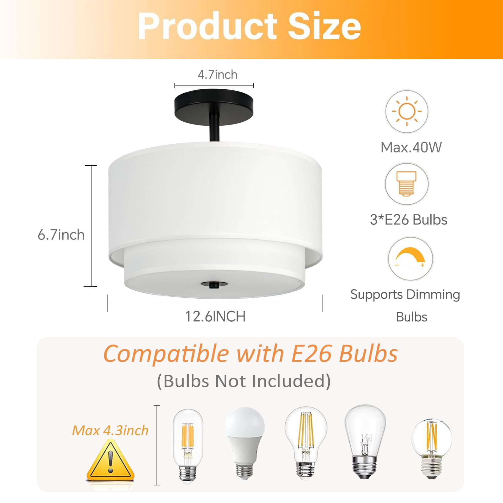 Vexagyle 3-Light Semi Flush Mount Ceiling Light Fixture,12.6Inch Modern Close To Ceiling Light With 2-Layer White Drum Fabric Sh