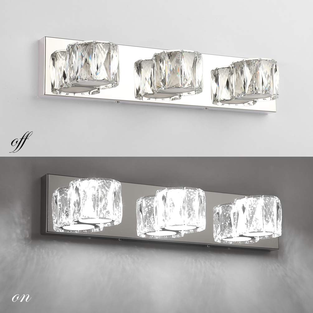 Aipsun 3-Light Crystal Vanity Lights for Bathroom, Modern LED Fixtures, Mirror Stainless Steel Frame, White Lights, Model Ca-8271-3T