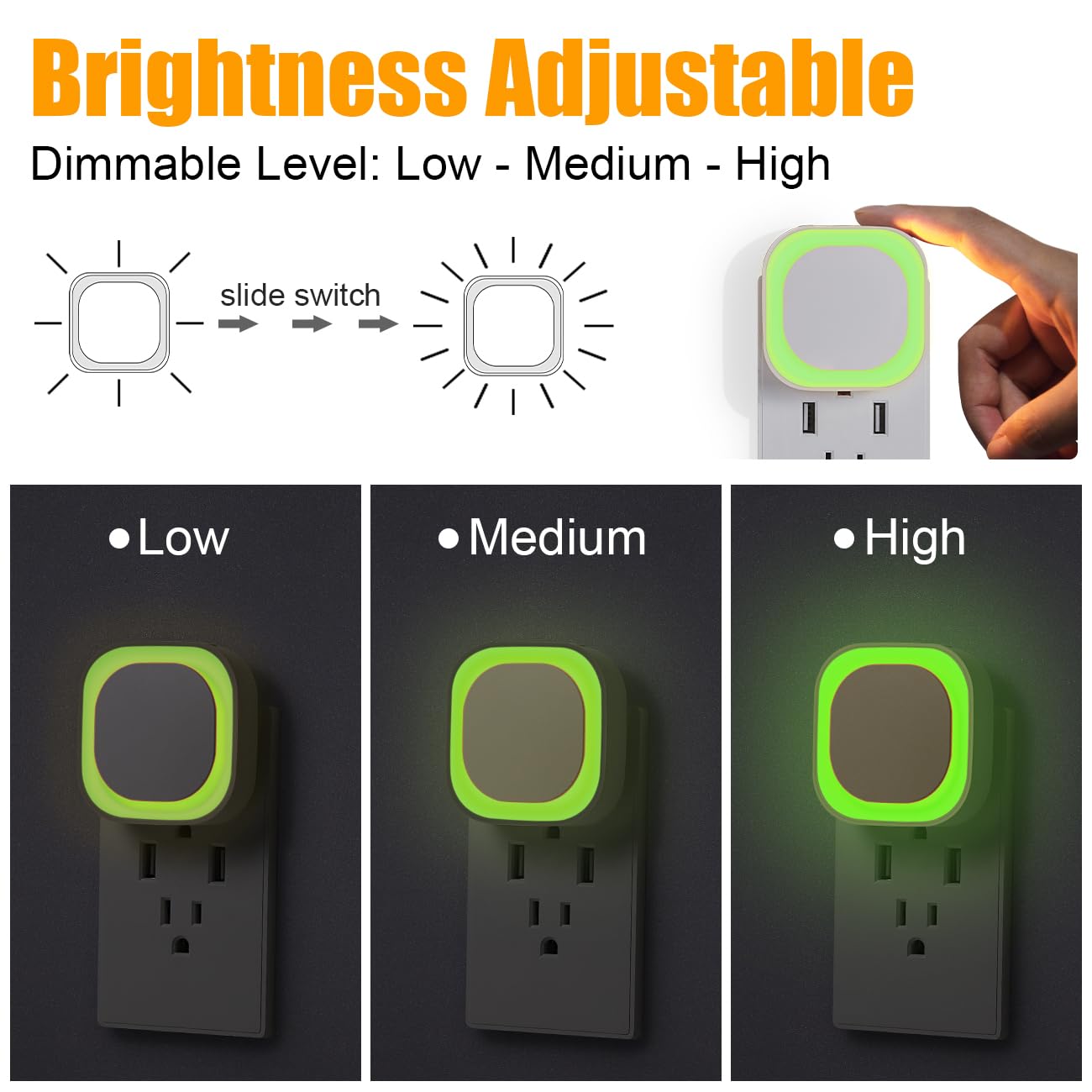 Yunlex 2 Pack Plug In Dimmable Night Light, Square Nightlight, Auto Dusk To Dawn Sensor, Led Night Light, Soft Glow, Diffused Light, Green Night Light For Bathroom, Hallway, Stairs, Kitchen