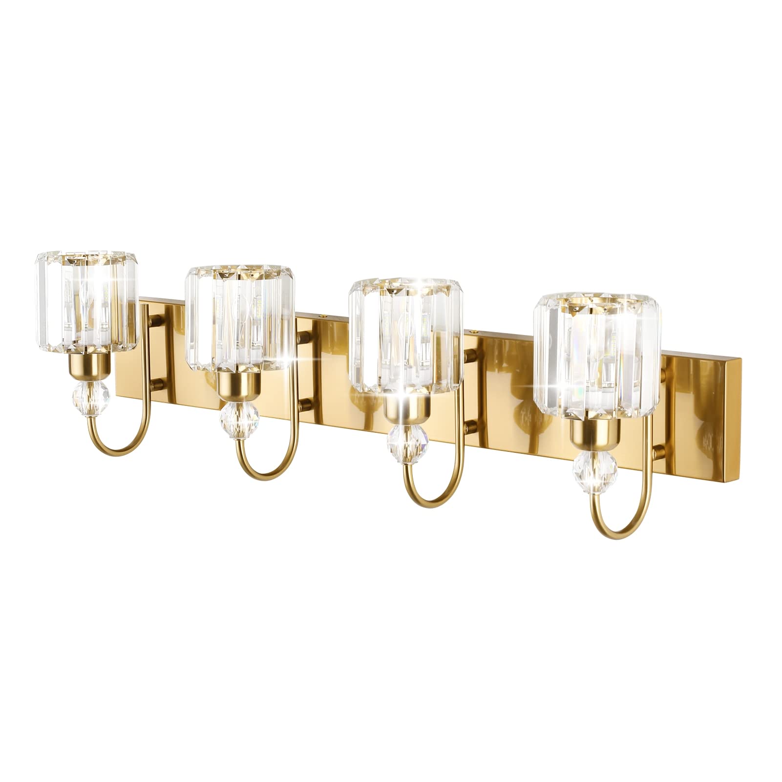 Ralbay 4-Light Brass Gold Crystal Vanity Lights - Modern Bathroom Wall Lighting Fixtures