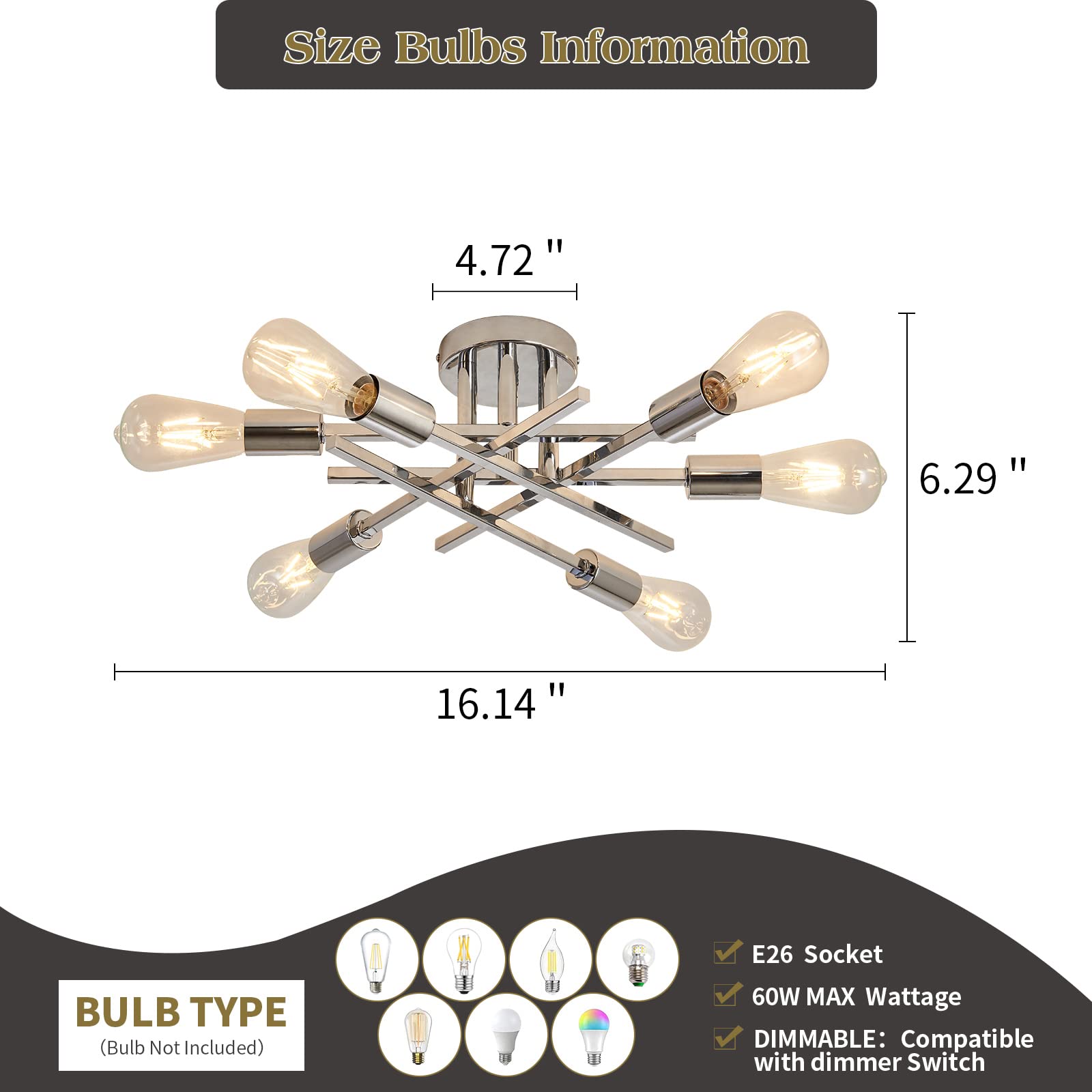 Asgyisa 6-Lights Semi Flush Mount Ceiling Light Fixture Modern Chrome Matte Sputnik Chandelier Farmhouse Ceiling Lighting For Ki