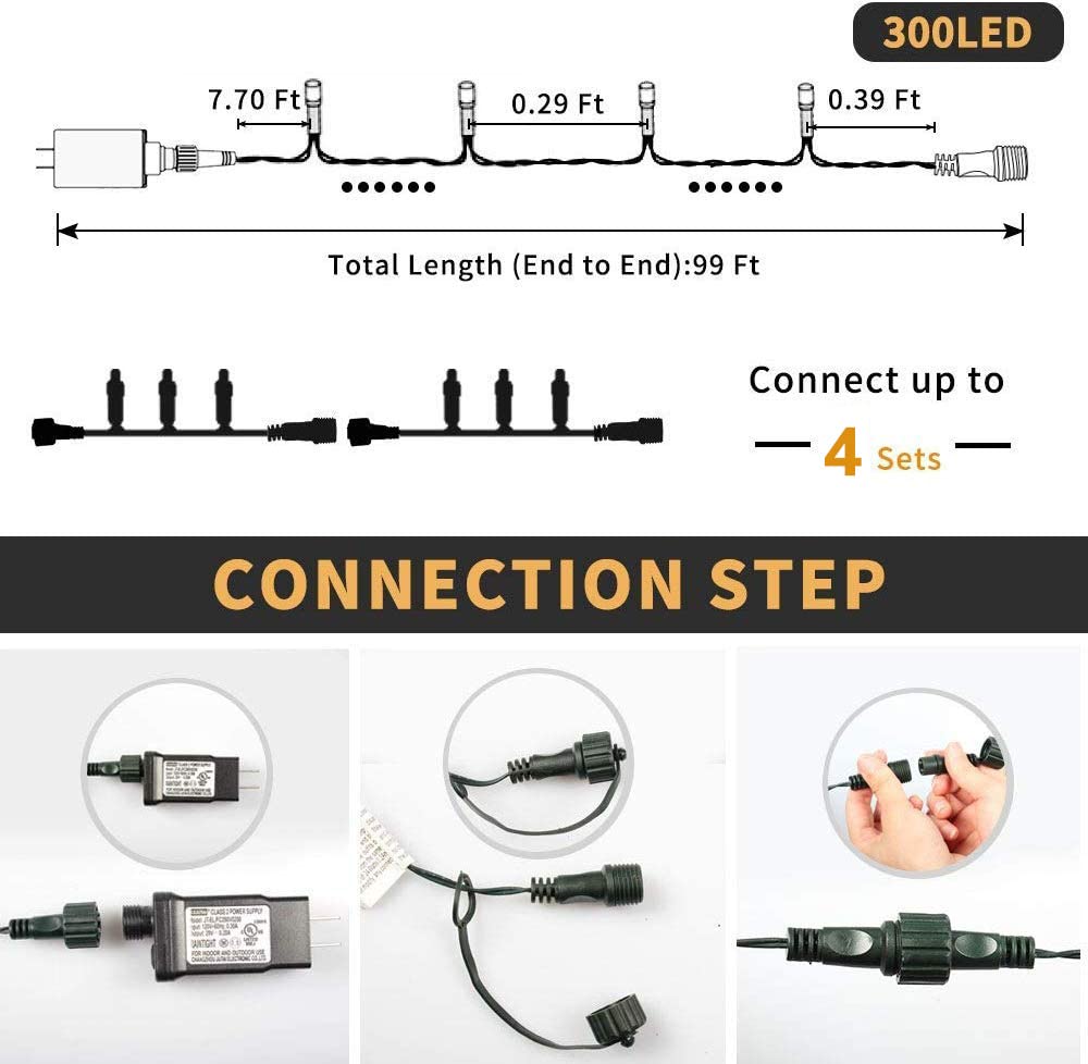 HAILI 300 LED Christmas Lights, Waterproof, 8 Mode Connectable Multi-Colored String Lights, Model HL300E for Outdoor Decoration