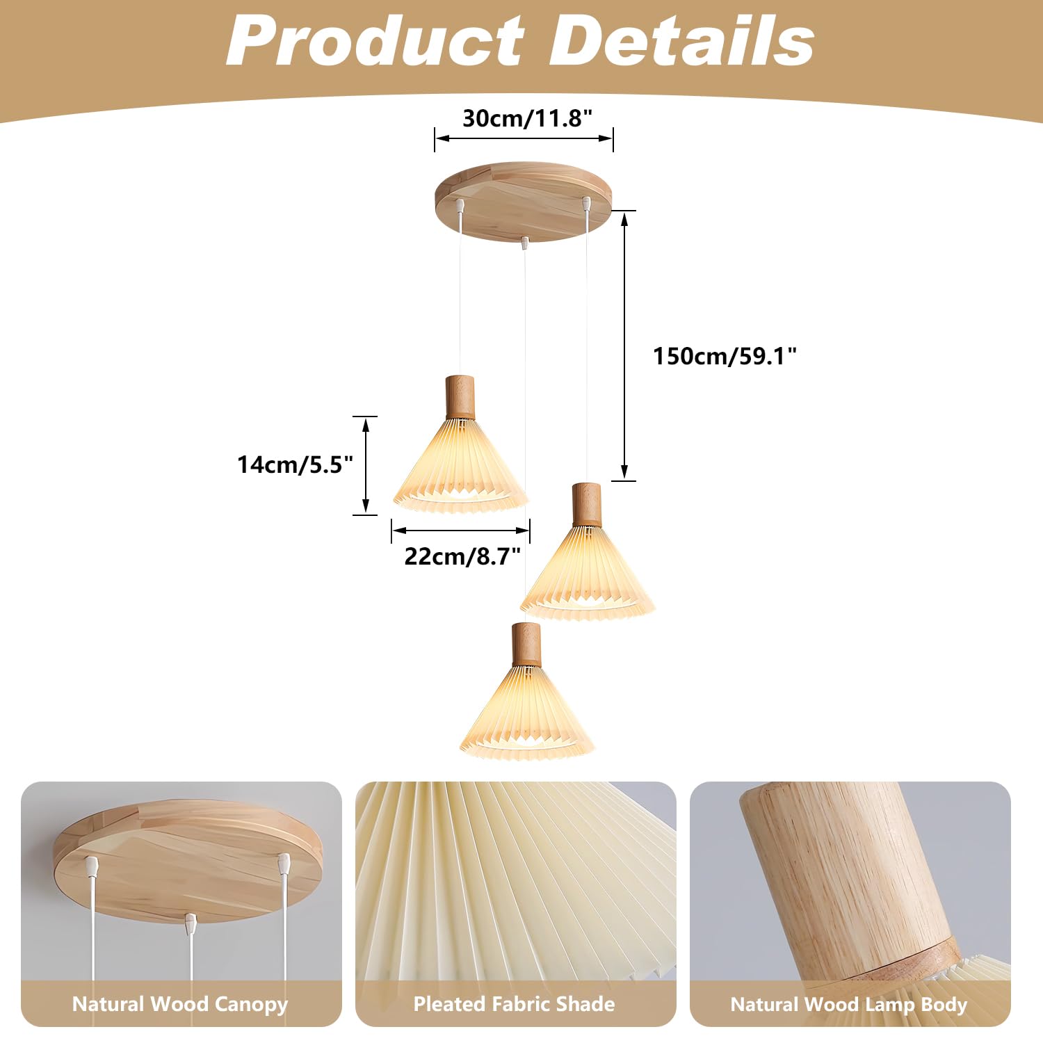 Kco 3-Light Vintage Pleated Chandelier - Industrial Farmhouse Wood Pendant Lighting