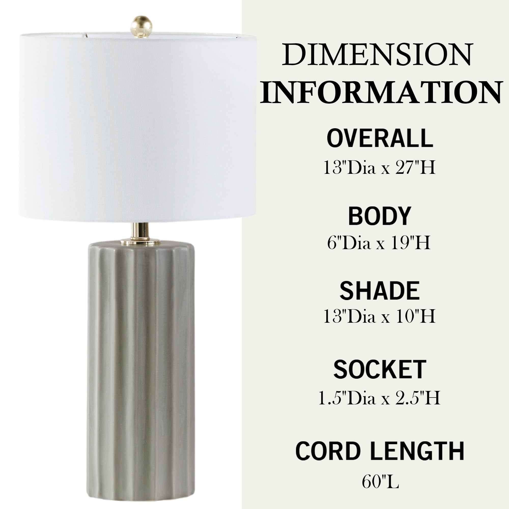 Ink+Ivy Ceramic Fluted Table Lamp - 27 Grey Nightstand Lamp With Linen Shade, Rotary Switch, Accent Decor