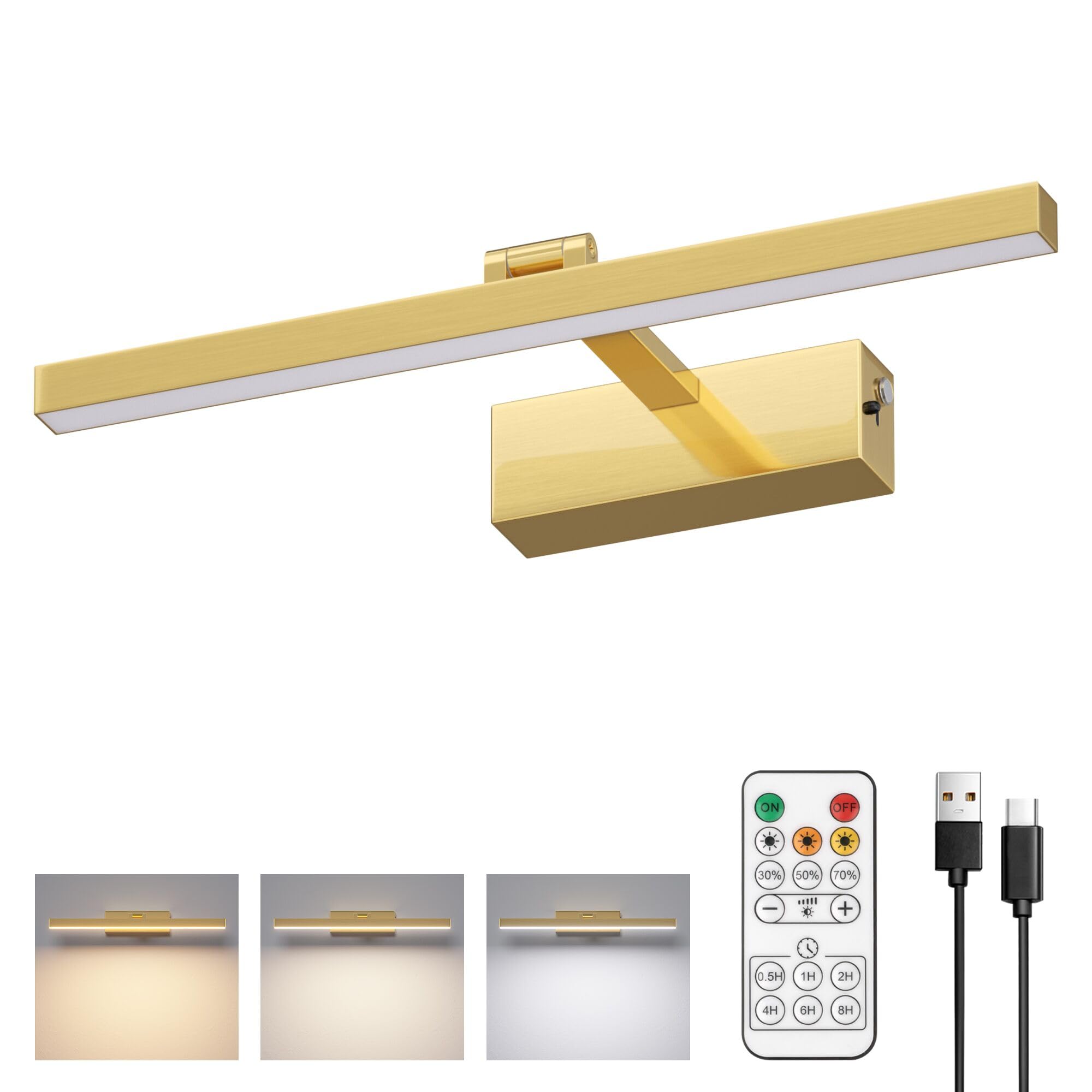 Aoceley 15.7in USB-C Rechargeable Wall Light, 10000mAh, 3CCT Dimmable, Remote/Touch Control, Battery Operated, Gold, Model