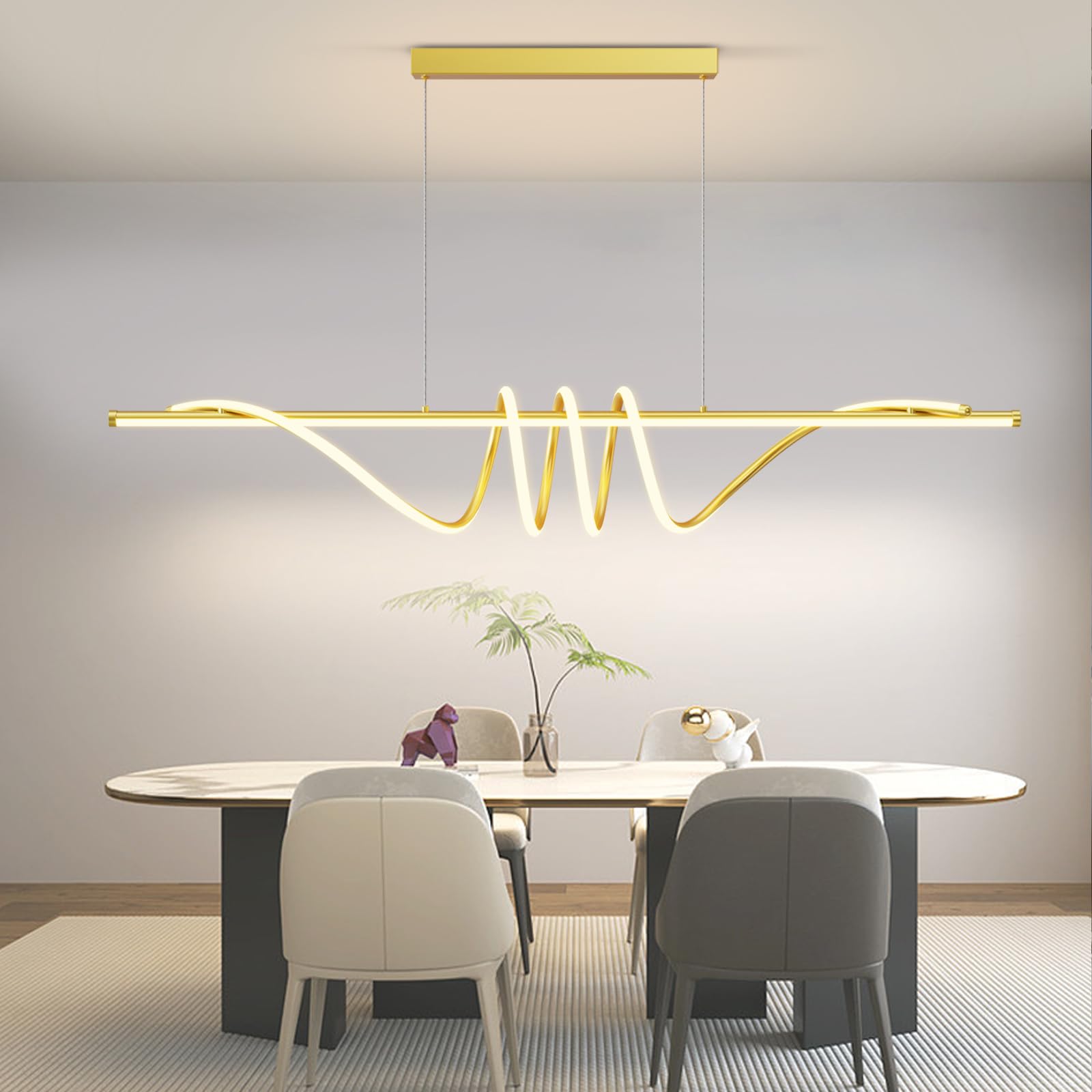 Zihoi Modern LED Pendant Light, Dimmable with Remote, 3000K-6000K, 57in Gold, Aluminum Ceiling Chandelier for Kitchen/Dining Room