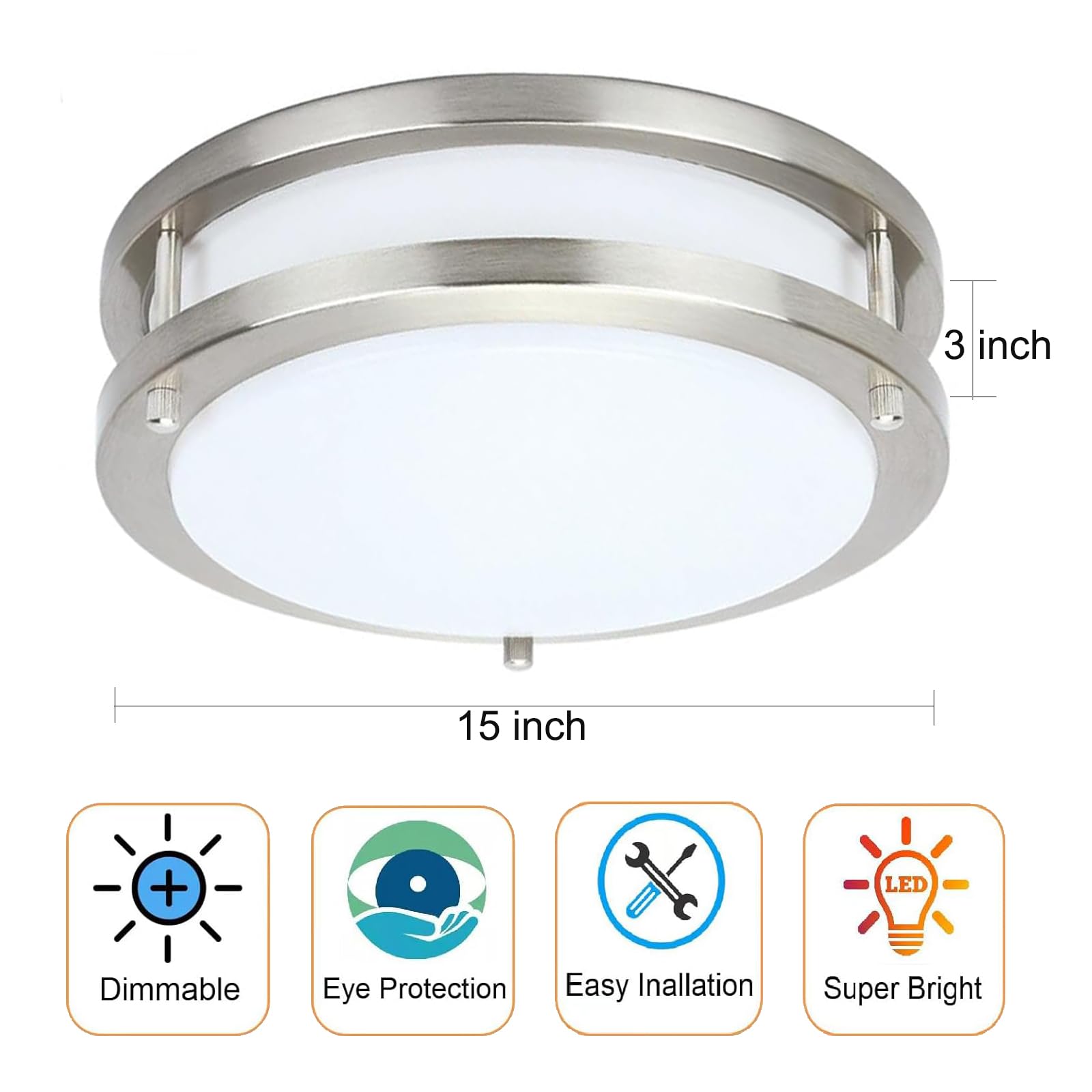 Drosbey 65W Led Flush Mount Ceiling Light Fixture, 15 Inch Light Fixtures Ceiling For Bedroom, Kitchen, Bathroom, Office, Garage