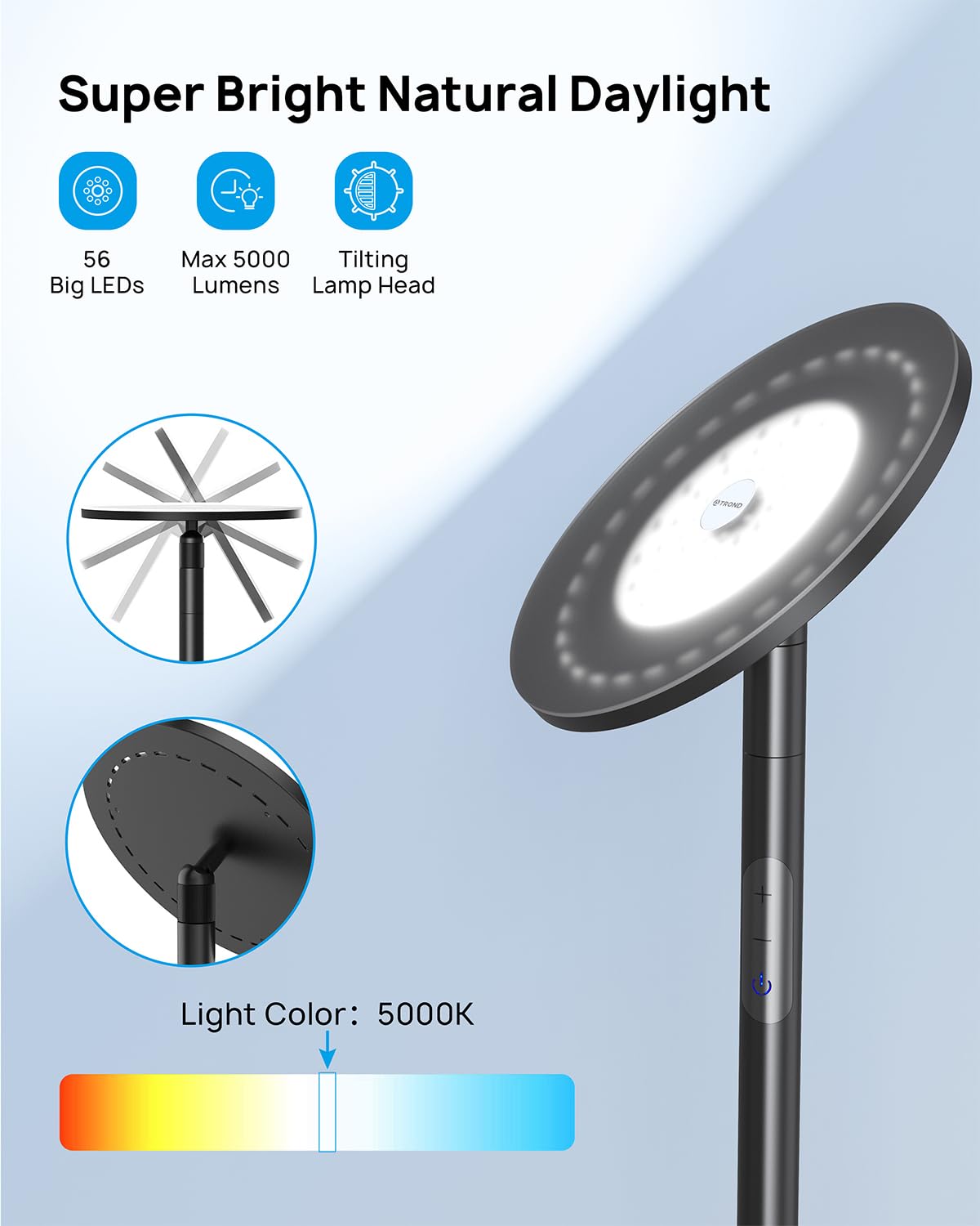 TROND Floor Lamp - 71" Modern LED Torchiere, 5500K Daylight, Aluminum, Touch Dimmable, Black, Model Halo X