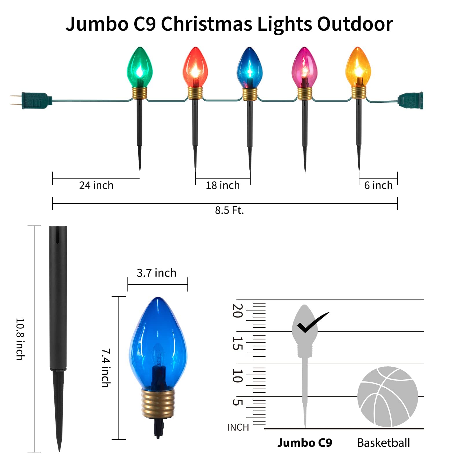 Christmas Lights Jumbo C9 Outdoor Lawn Decorations With Pathway Marker Stakes, 8.5Ft C7 Lights Covered Jumbo Glitter Multicolor