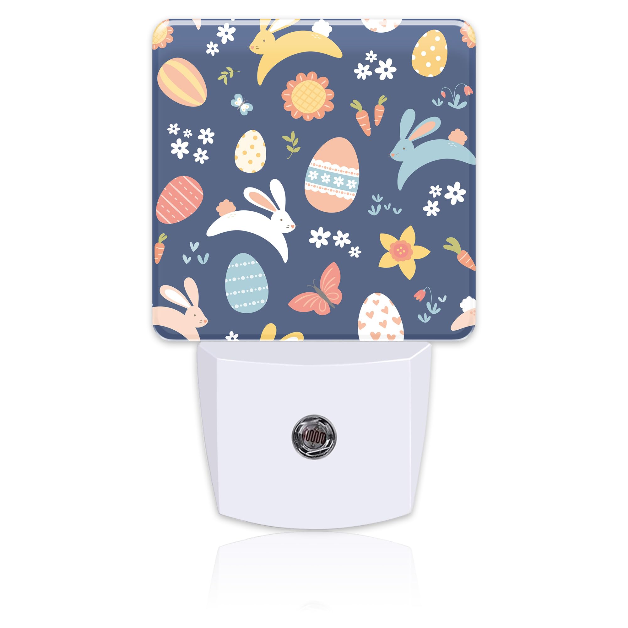 Easter Bunnies and Eggs Night Light, Colorful Rabbits and Flowers Dusk to Dawn Night Light Plug in,0.5w Energy Saving Sleep Frie