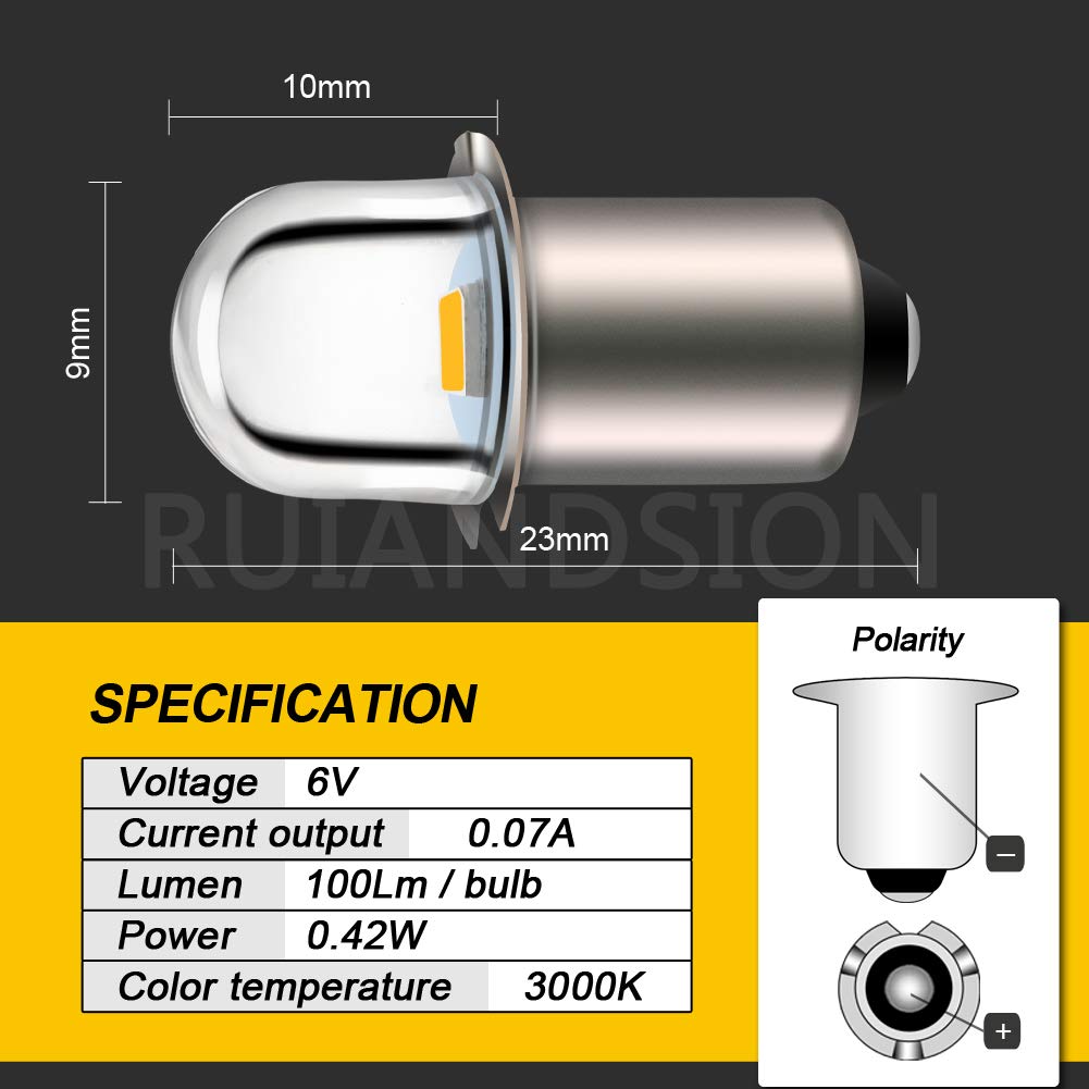 Ruiandsion LED Flashlight Bulbs, 6V P13.5S Base, Warm White, Pack of 5